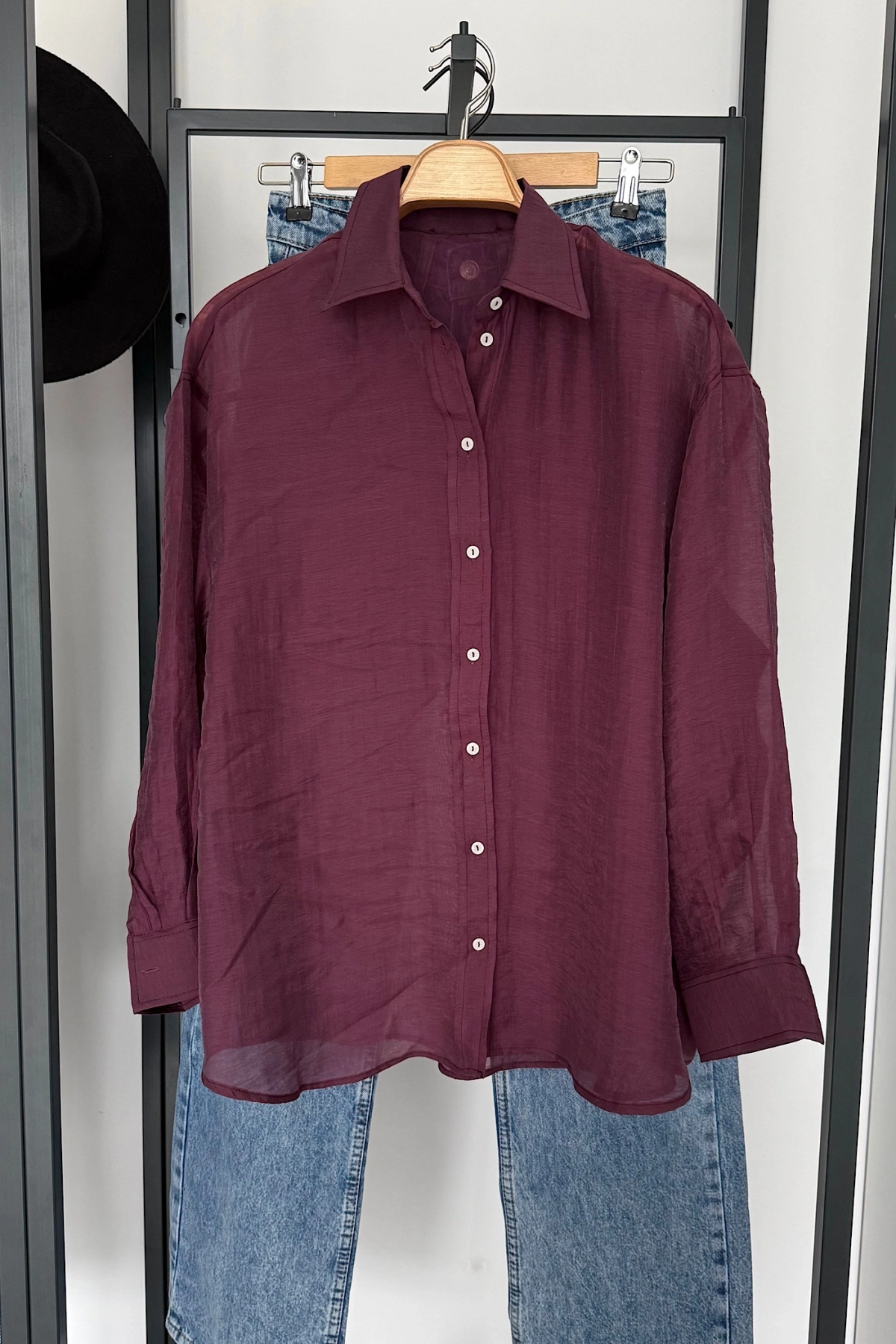 Arka Detay Tensel Gömlek Bordo