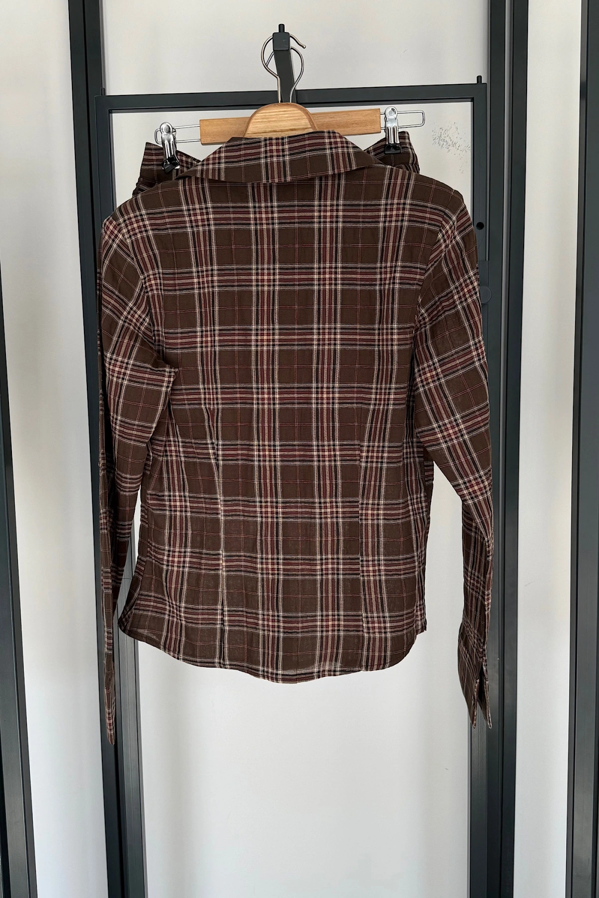 Eteği Katlı Ekose Gömlek Takım Kahverengi