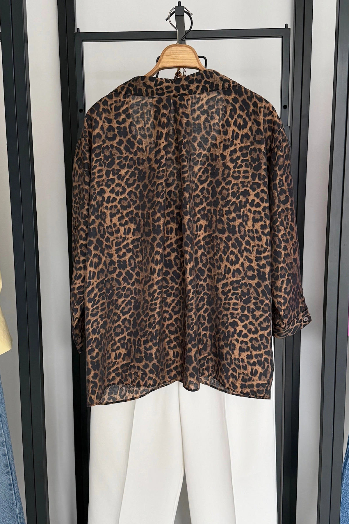 Leopar Desen Oversize Gömlek Kahverengi