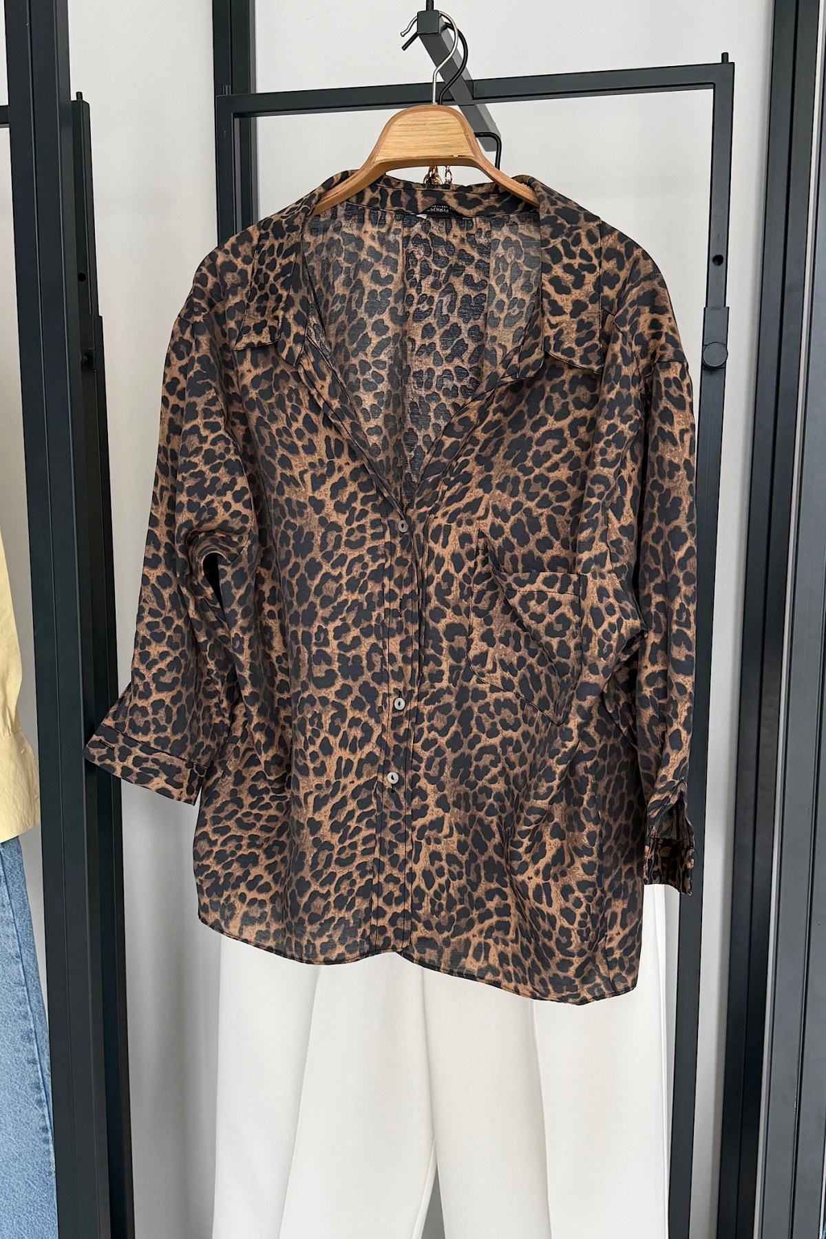 Leopar Desen Oversize Gömlek Kahverengi