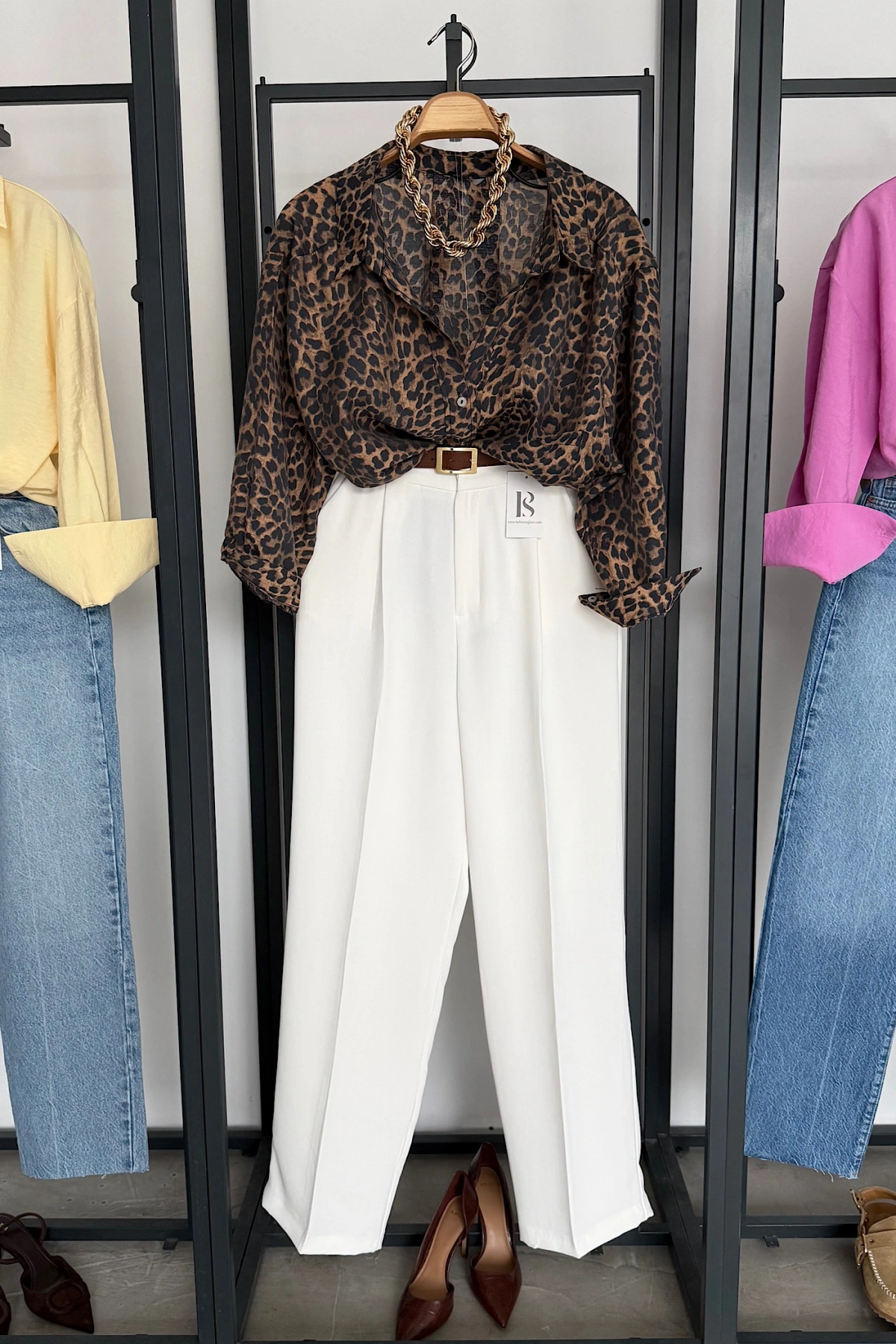 Leopar Desen Oversize Gömlek Kahverengi