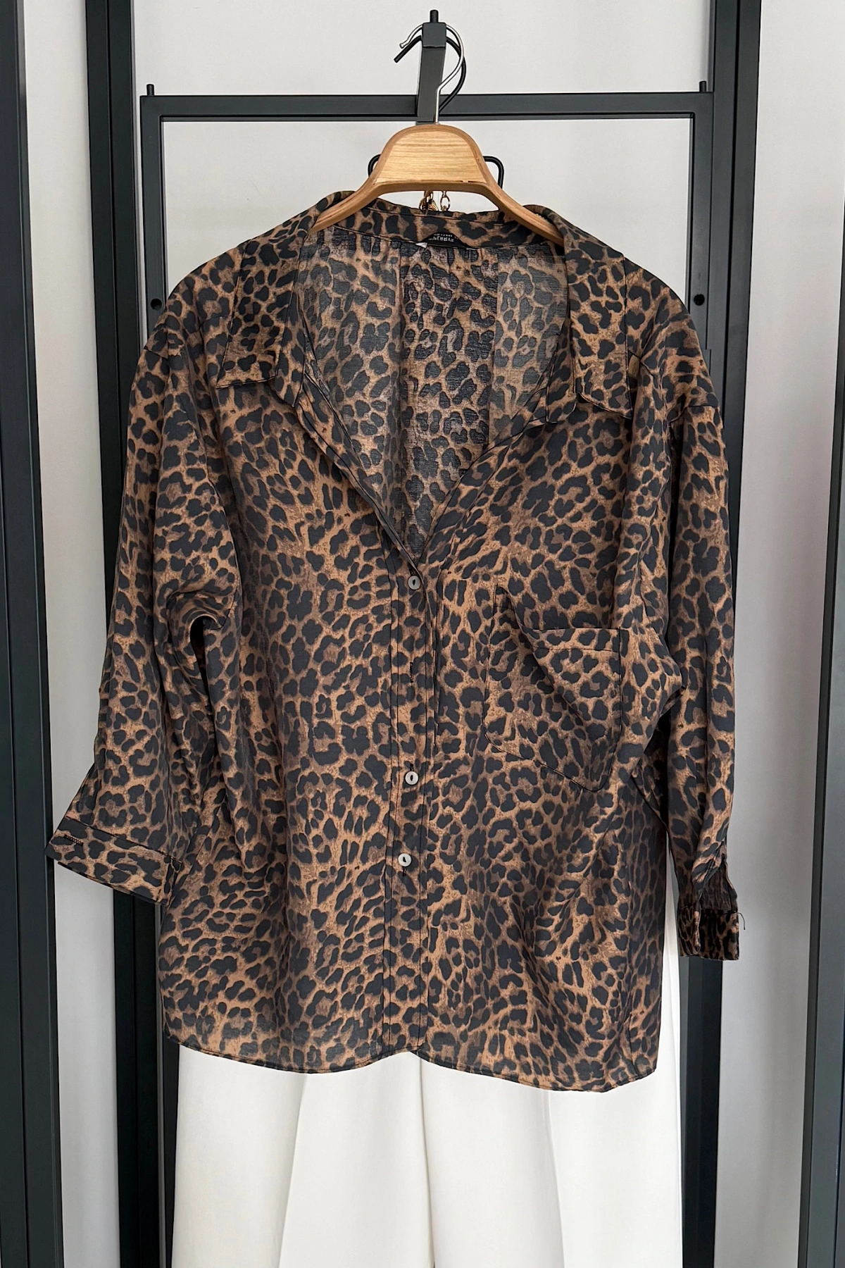 Leopar Desen Oversize Gömlek Kahverengi