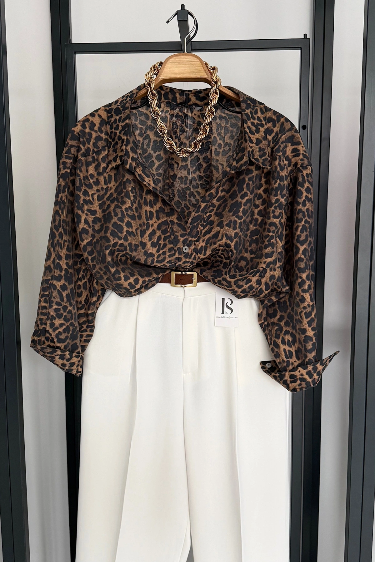 Leopar Desen Oversize Gömlek Kahverengi