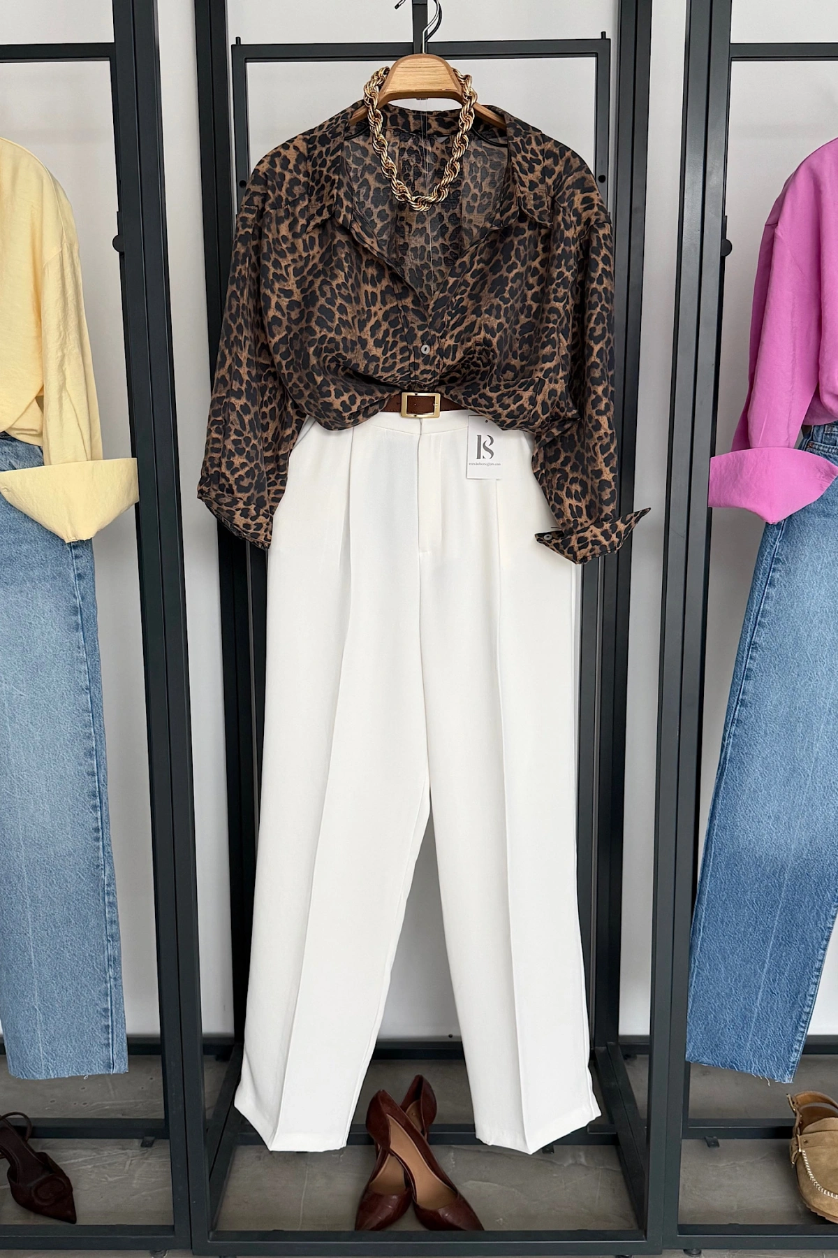 Leopar Desen Oversize Gömlek Kahverengi