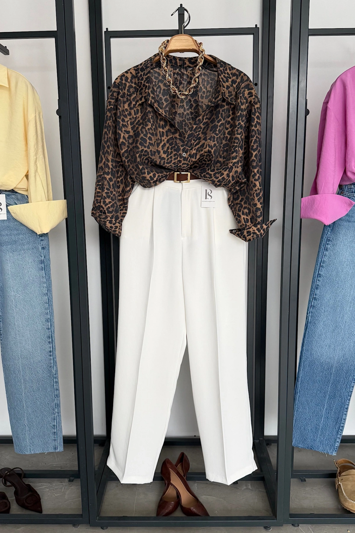 Leopar Desen Oversize Gömlek Kahverengi