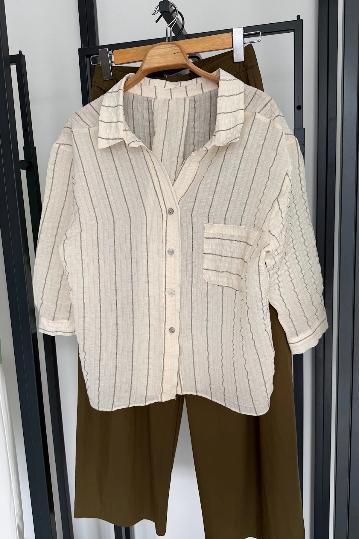 Fakir Kol Çizgili Gömlek Ekru