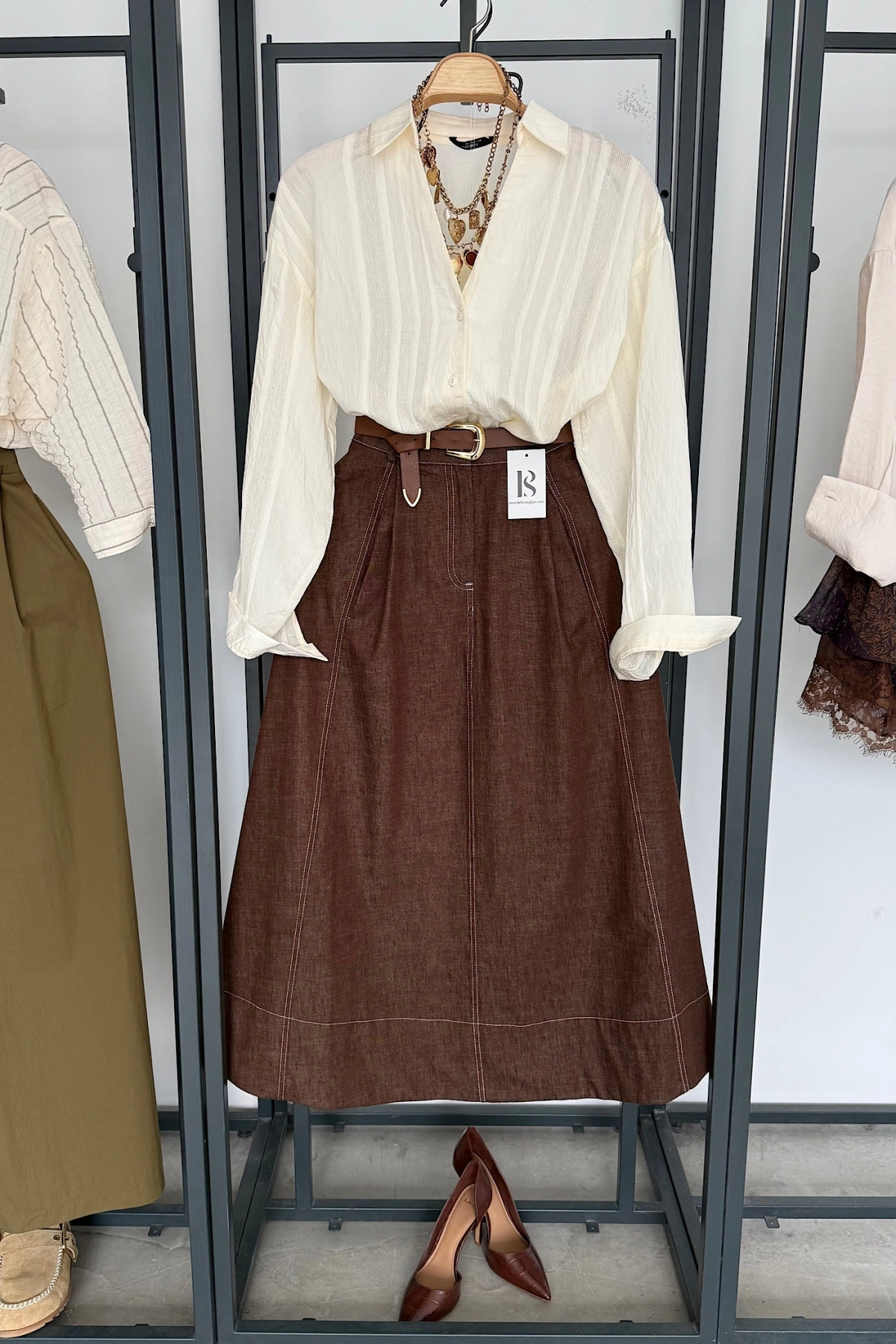 Bantlı Maxi Kalın Denim Etek Kahverengi