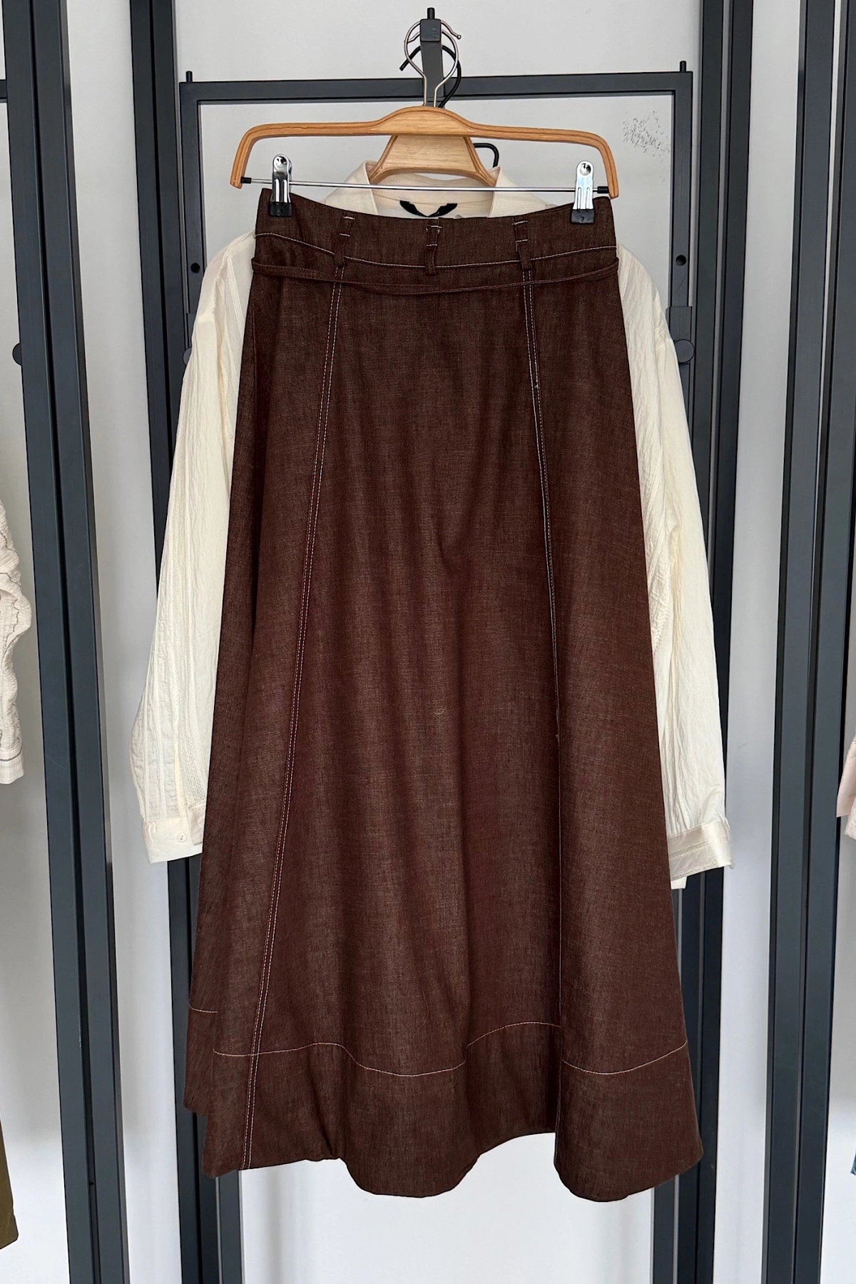 Bantlı Maxi Kalın Denim Etek Kahverengi