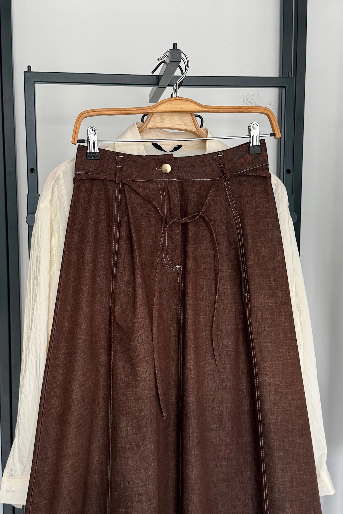 Bantlı Maxi Kalın Denim Etek Kahverengi