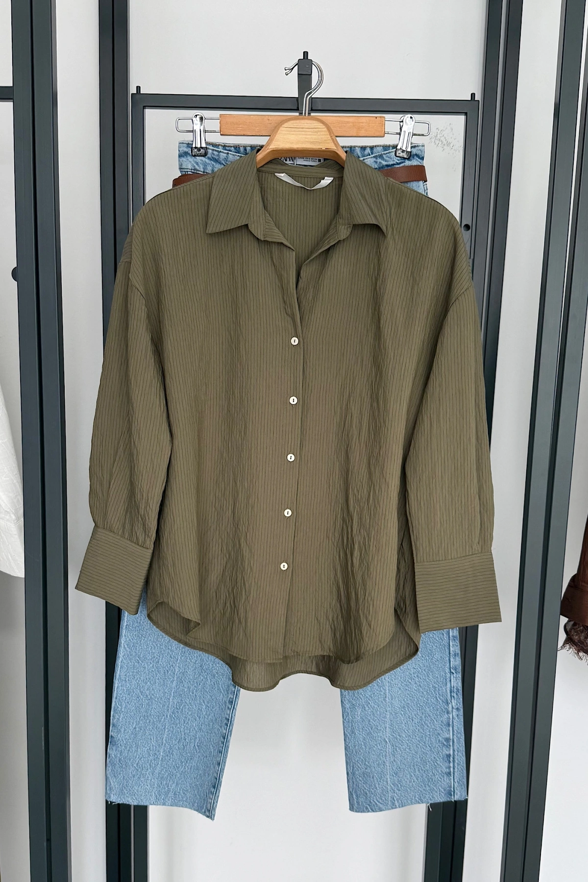 Çizgili Viskon Gömlek Haki