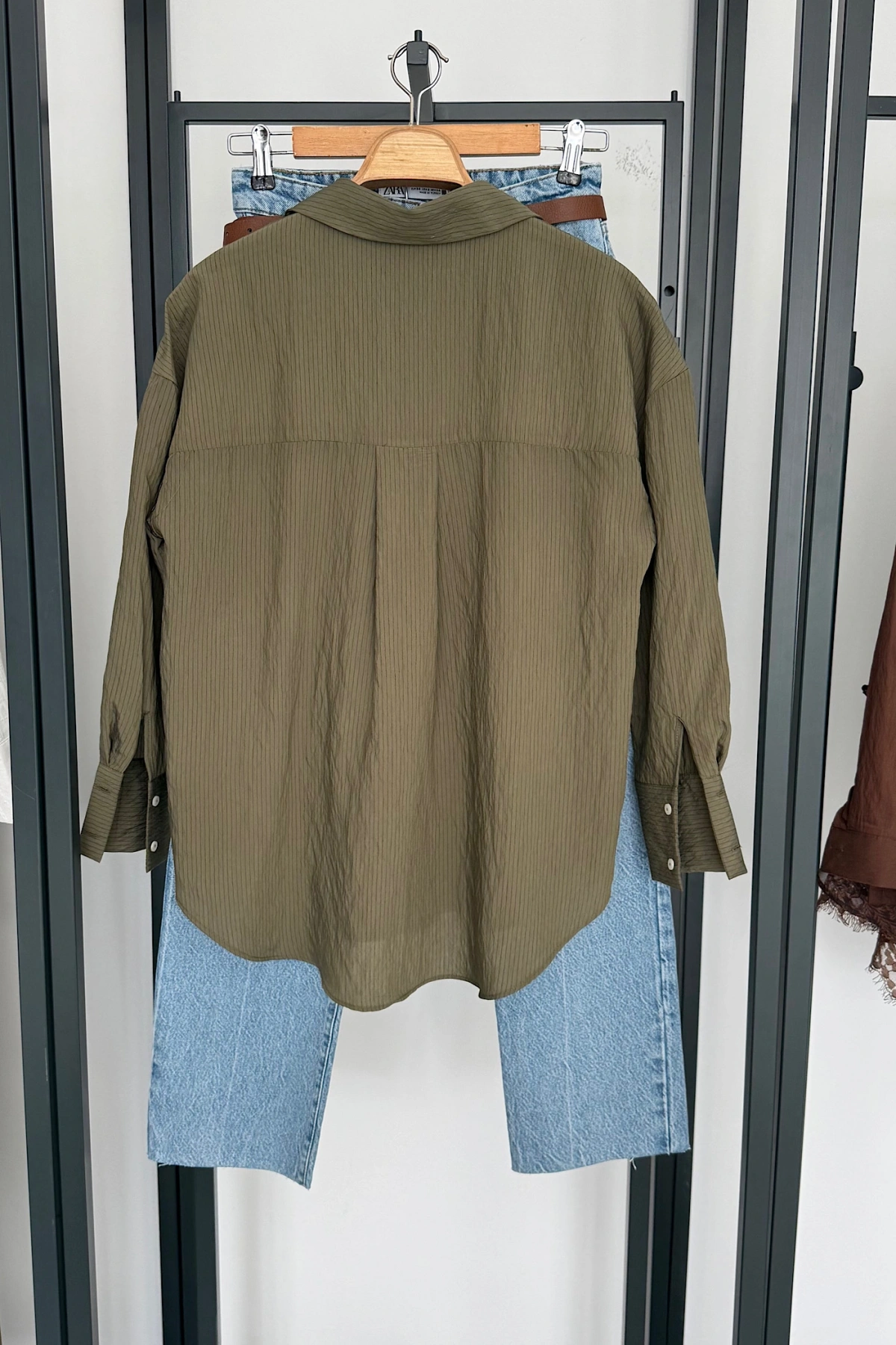 Çizgili Viskon Gömlek Haki