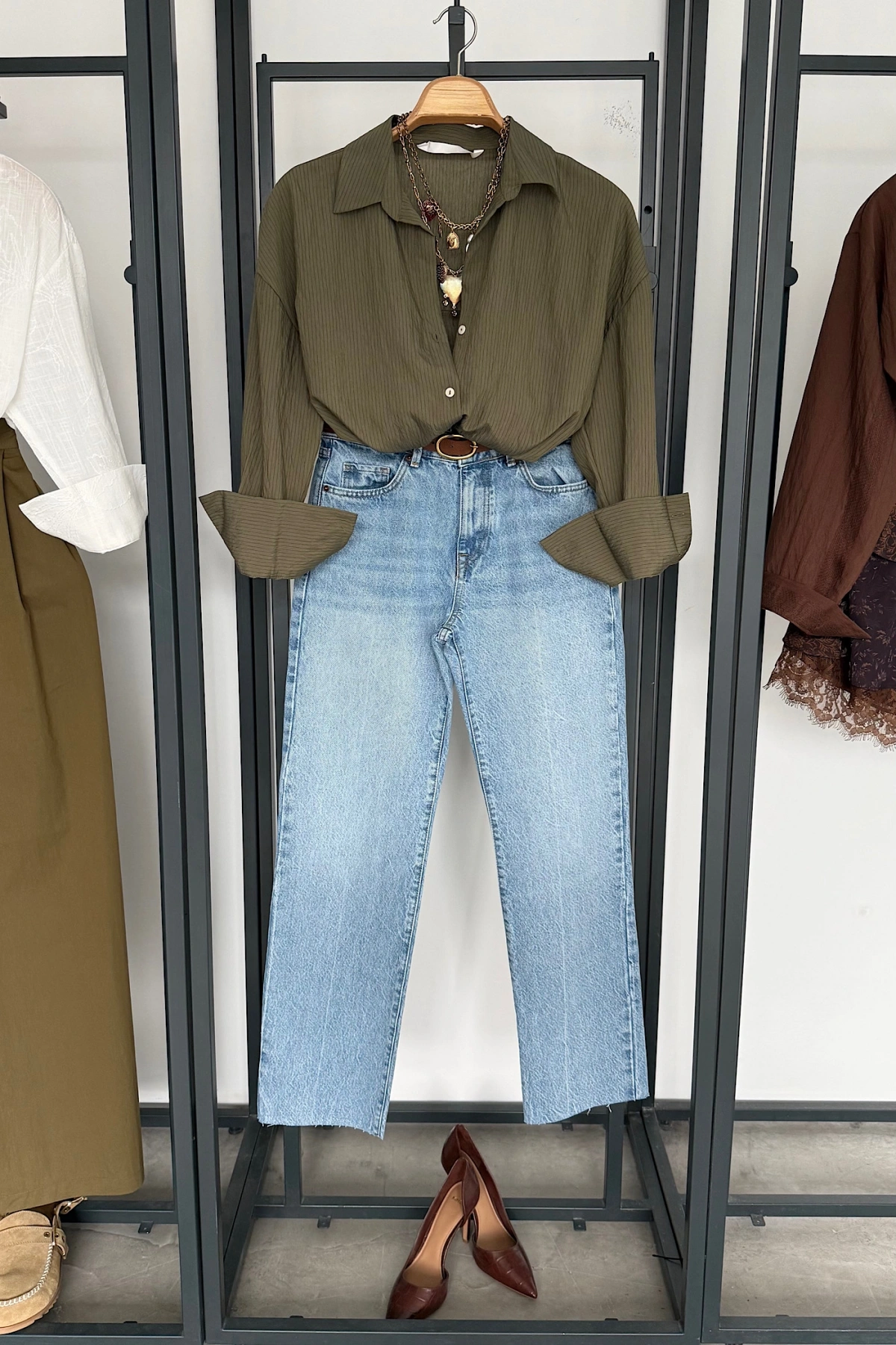 Çizgili Viskon Gömlek Haki