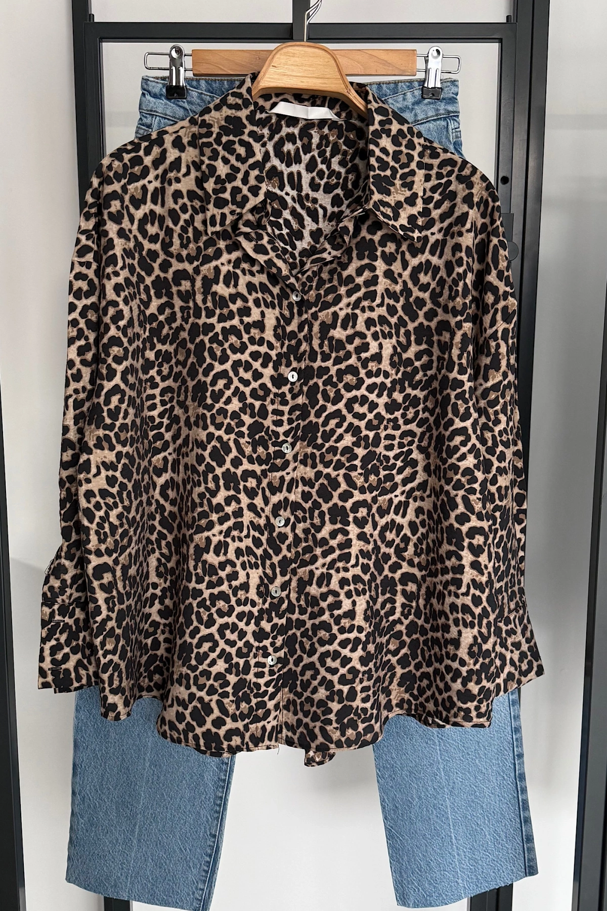 Leopar Desen Javanez Gömlek Siyah