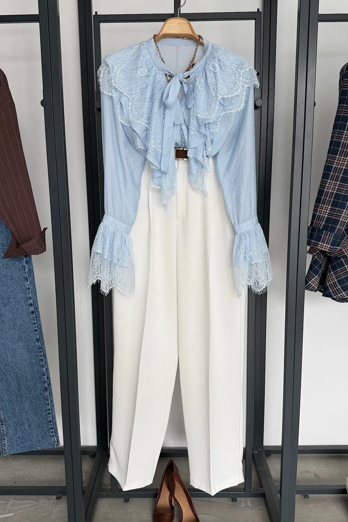 Dantelli Fransız Gömlek Mavi