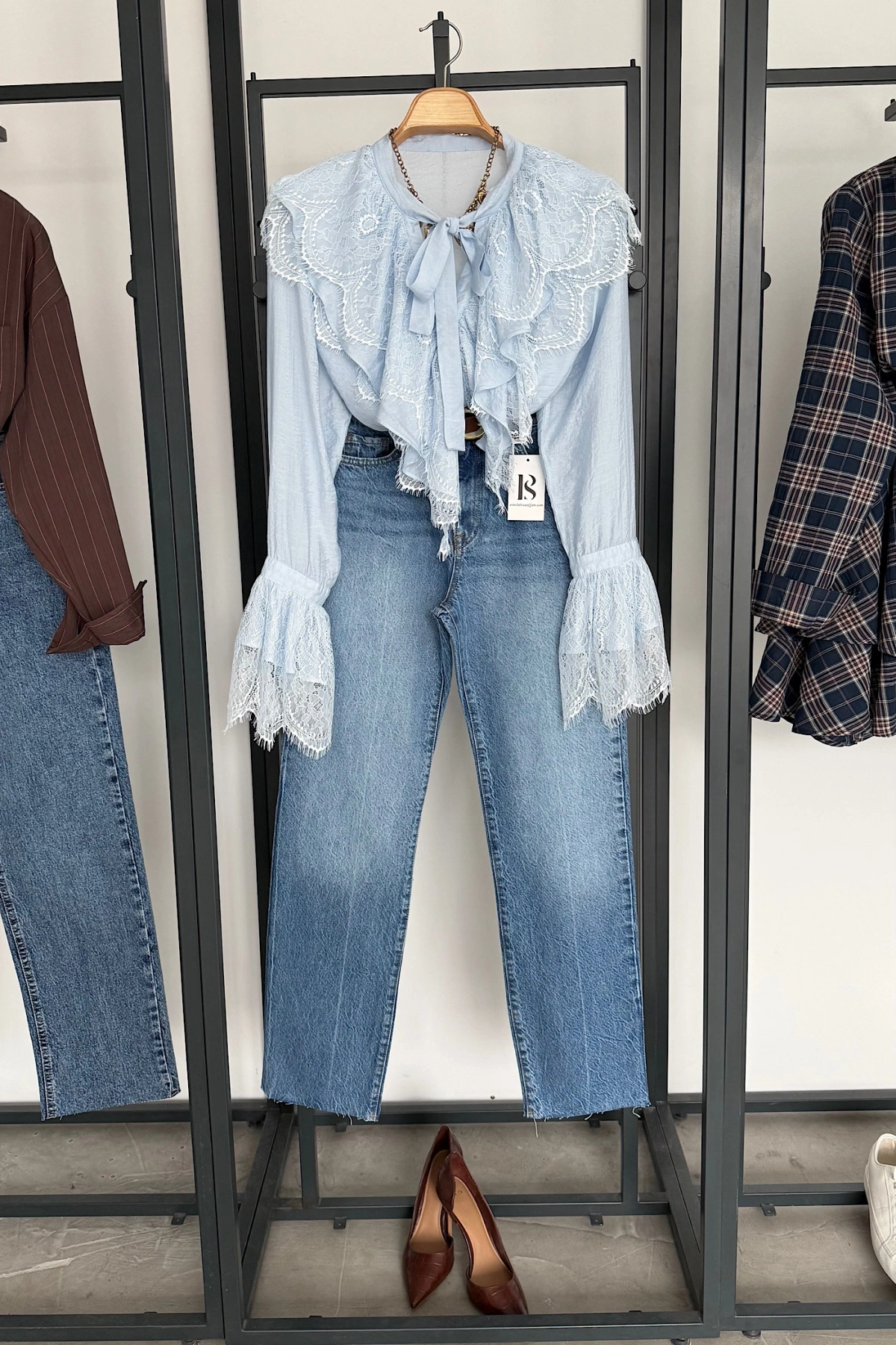 Dantelli Fransız Gömlek Mavi