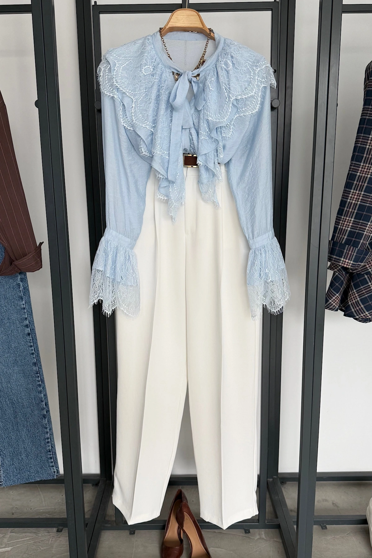 Dantelli Fransız Gömlek Mavi