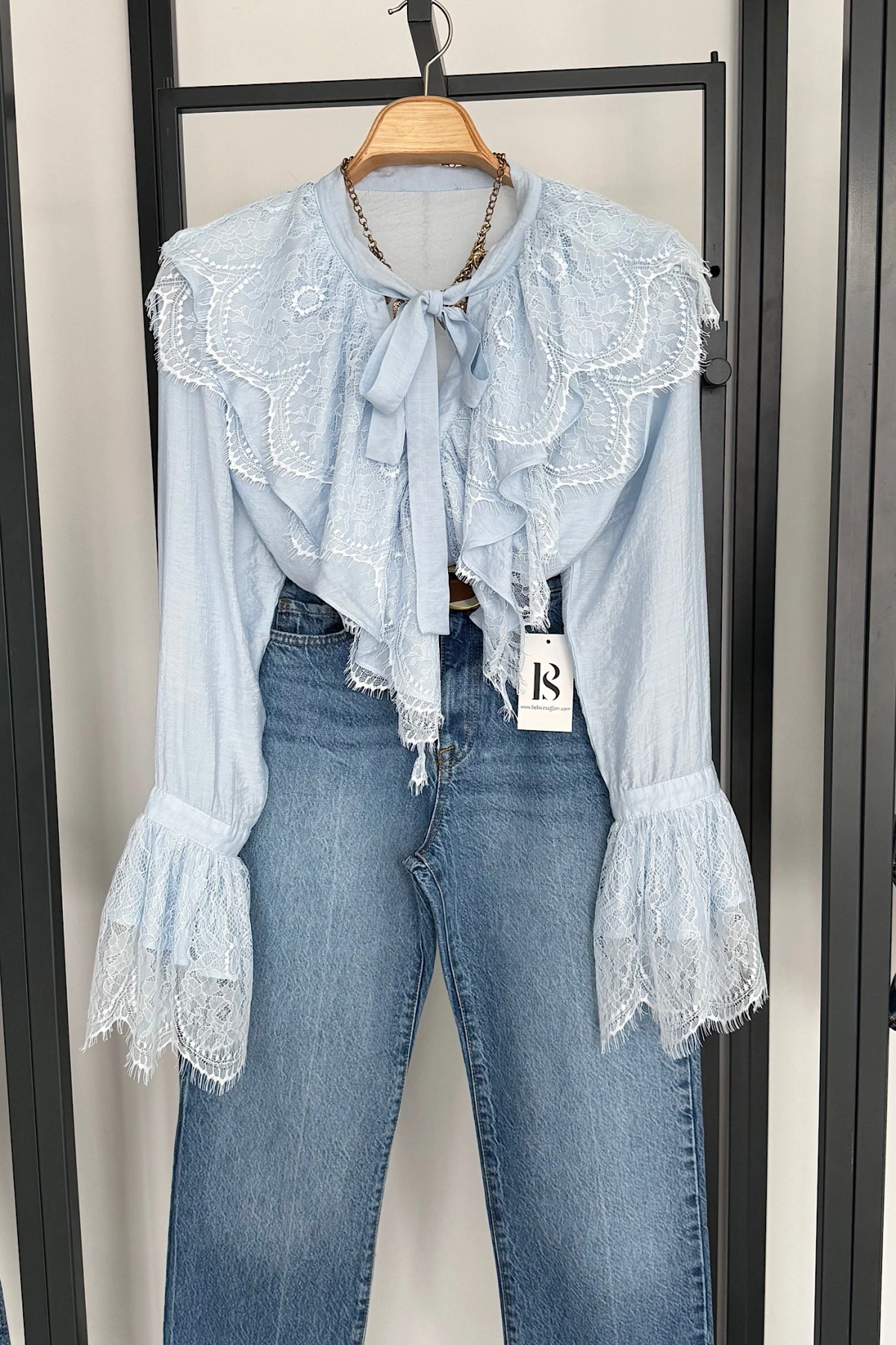 Dantelli Fransız Gömlek Mavi