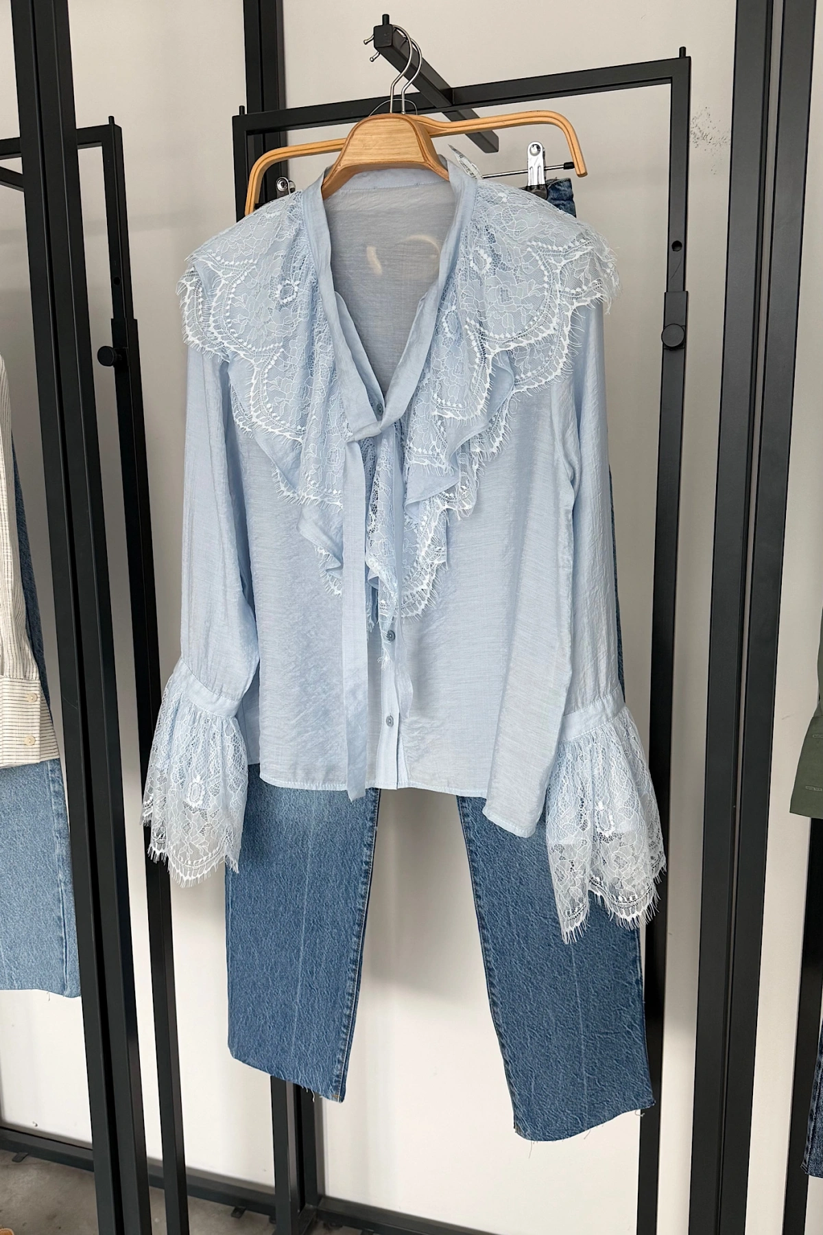 Dantelli Fransız Gömlek Mavi