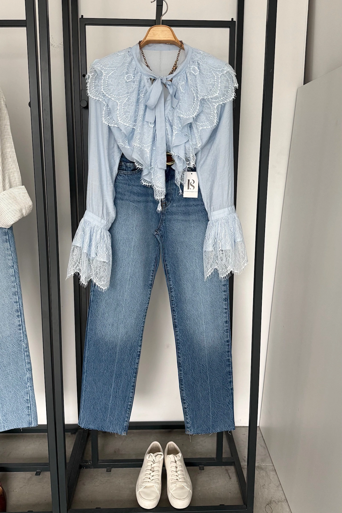 Dantelli Fransız Gömlek Mavi