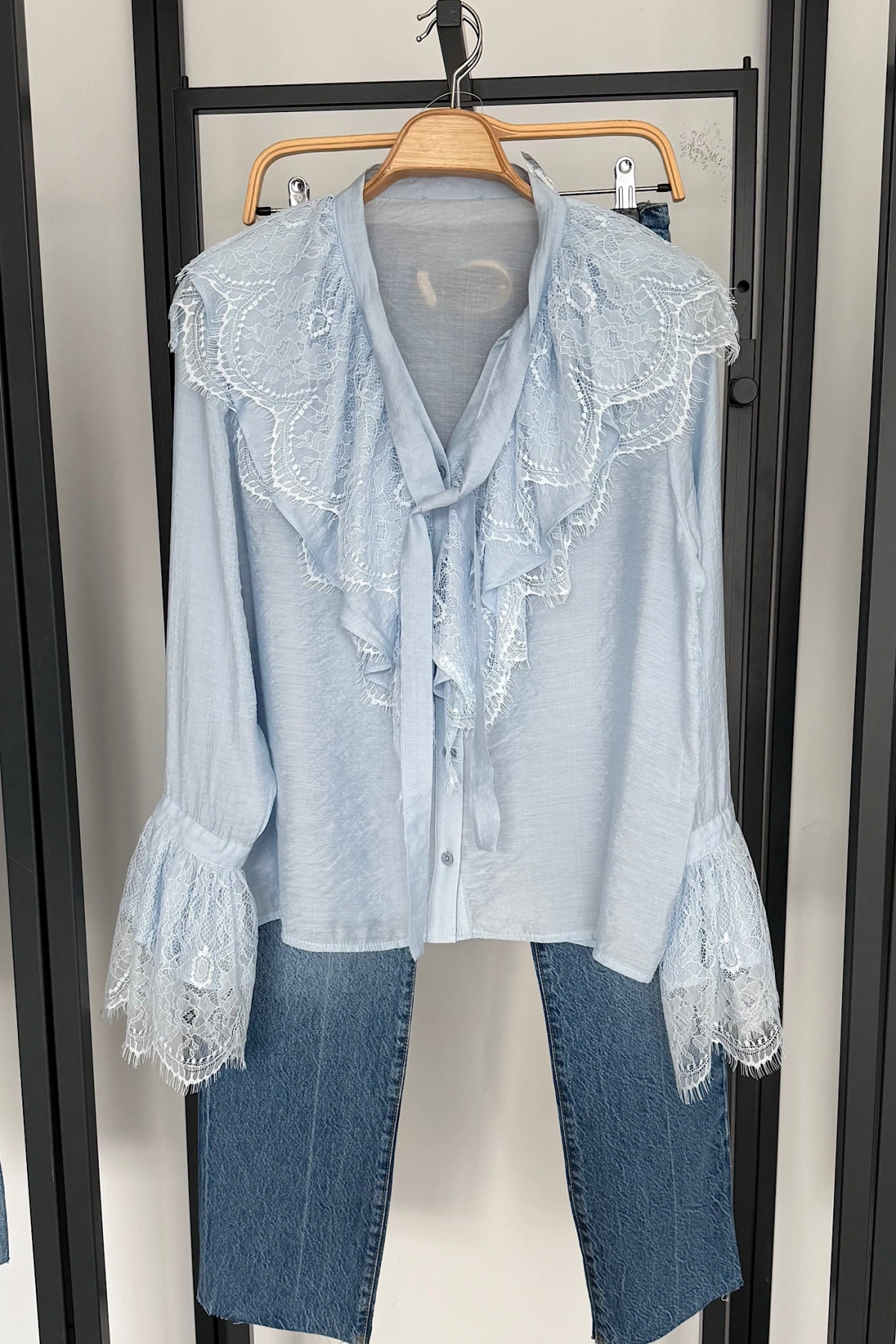 Dantelli Fransız Gömlek Mavi