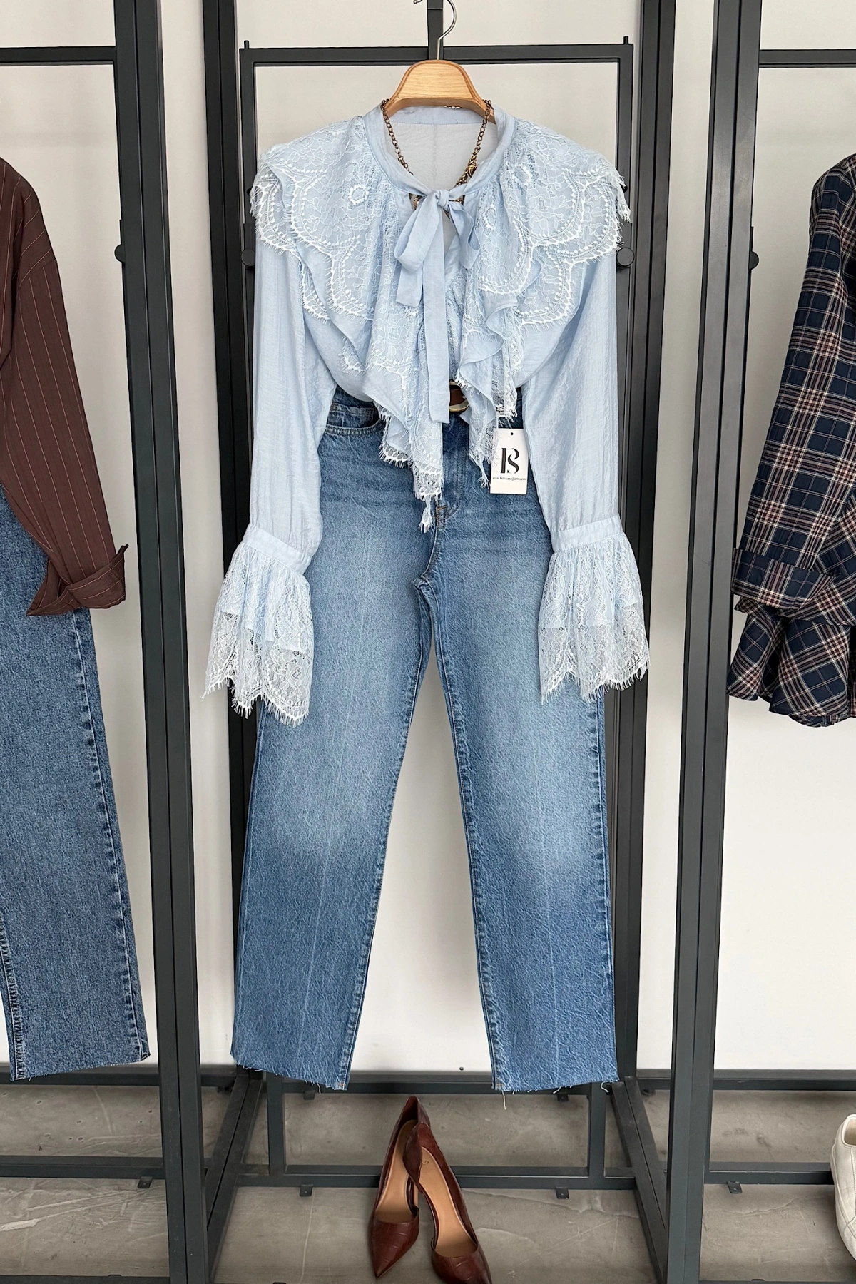 Dantelli Fransız Gömlek Mavi