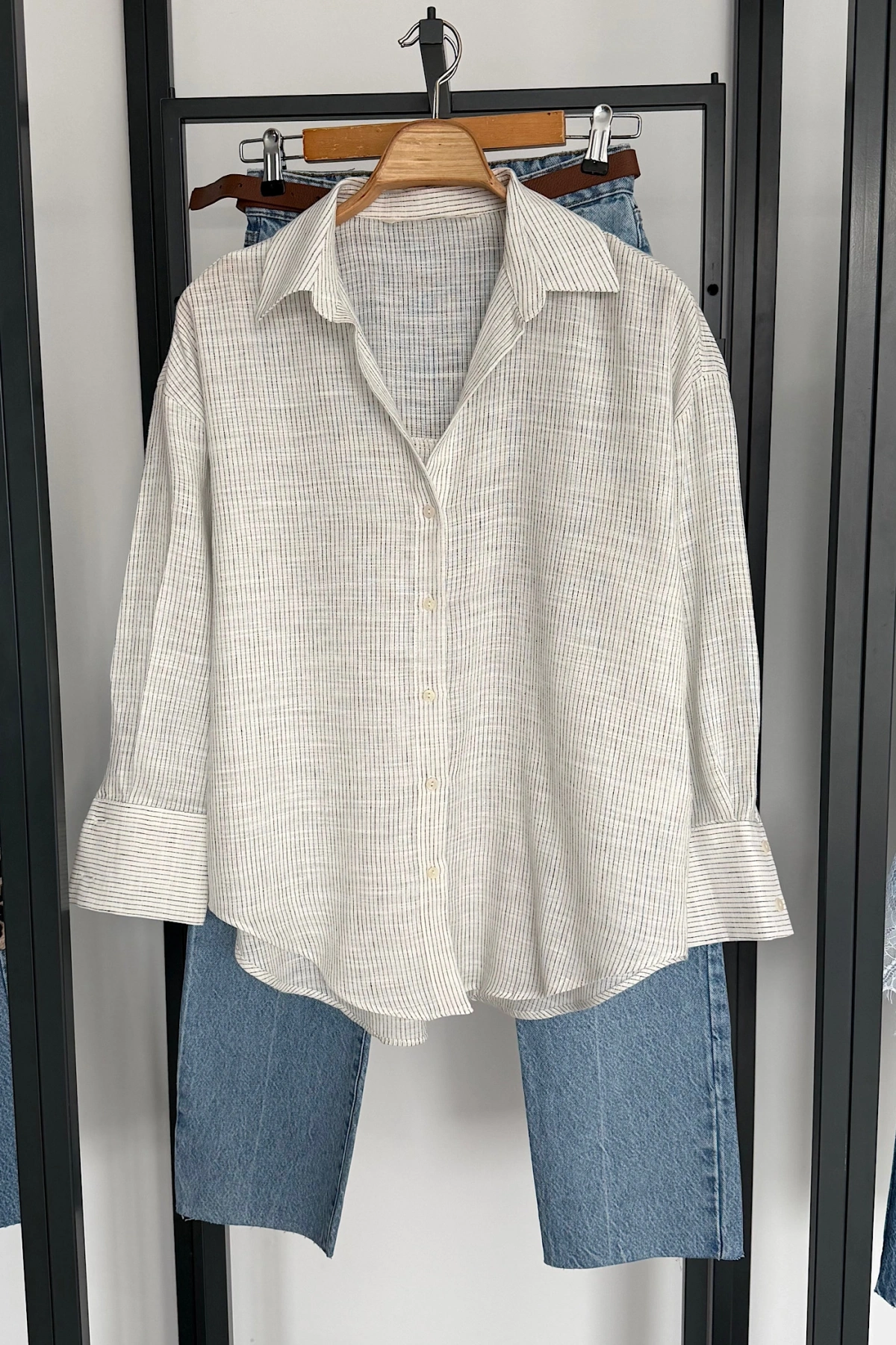 Çizgili Pamuklu Gömlek Beyaz