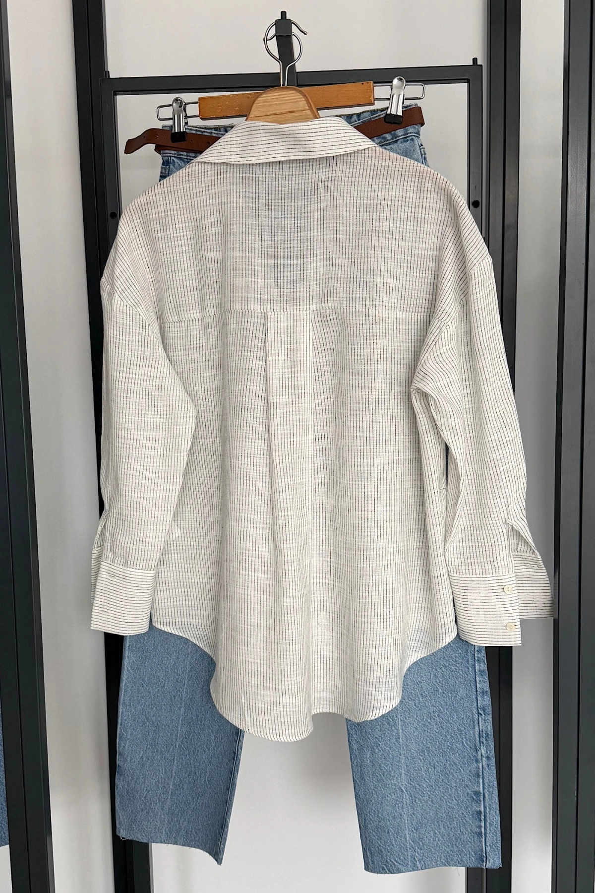 Çizgili Pamuklu Gömlek Beyaz