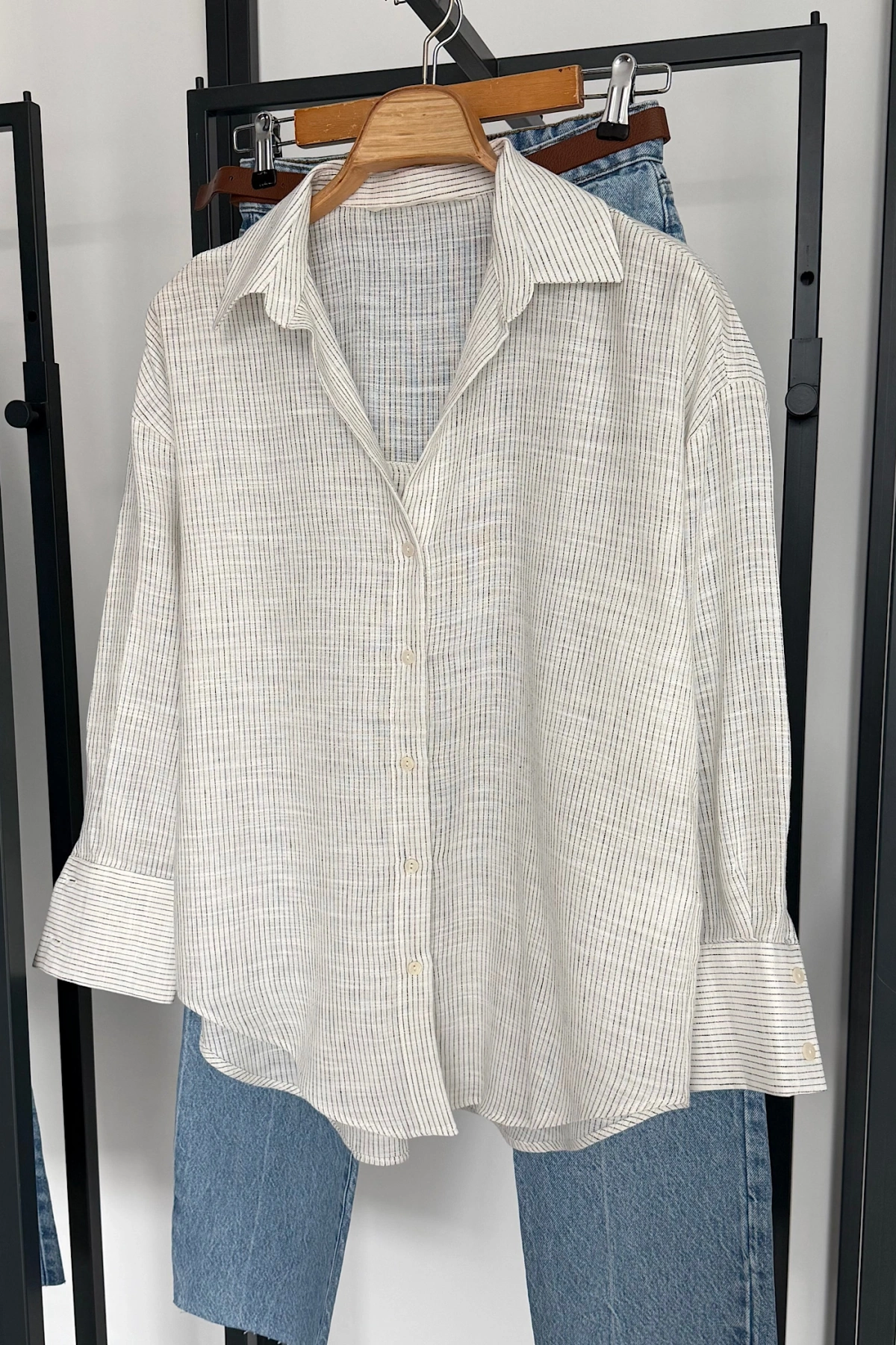 Çizgili Pamuklu Gömlek Beyaz