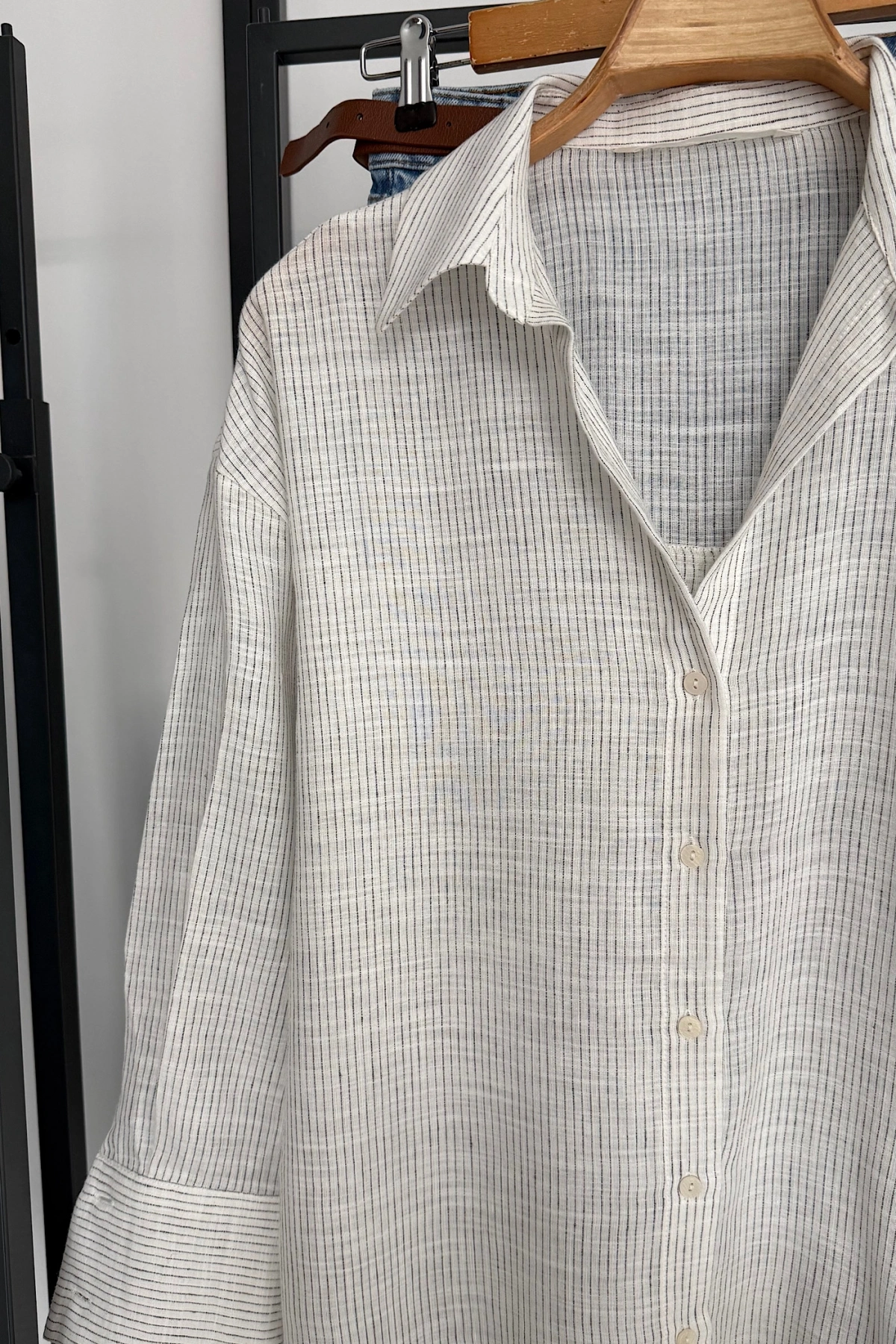 Çizgili Pamuklu Gömlek Beyaz