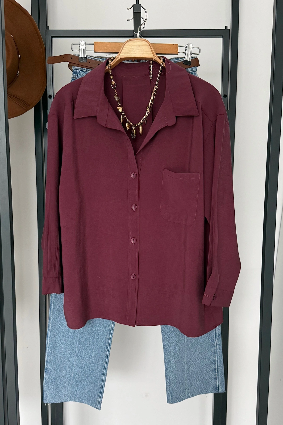 Tek Cep Oversize Gömlek Mürdüm