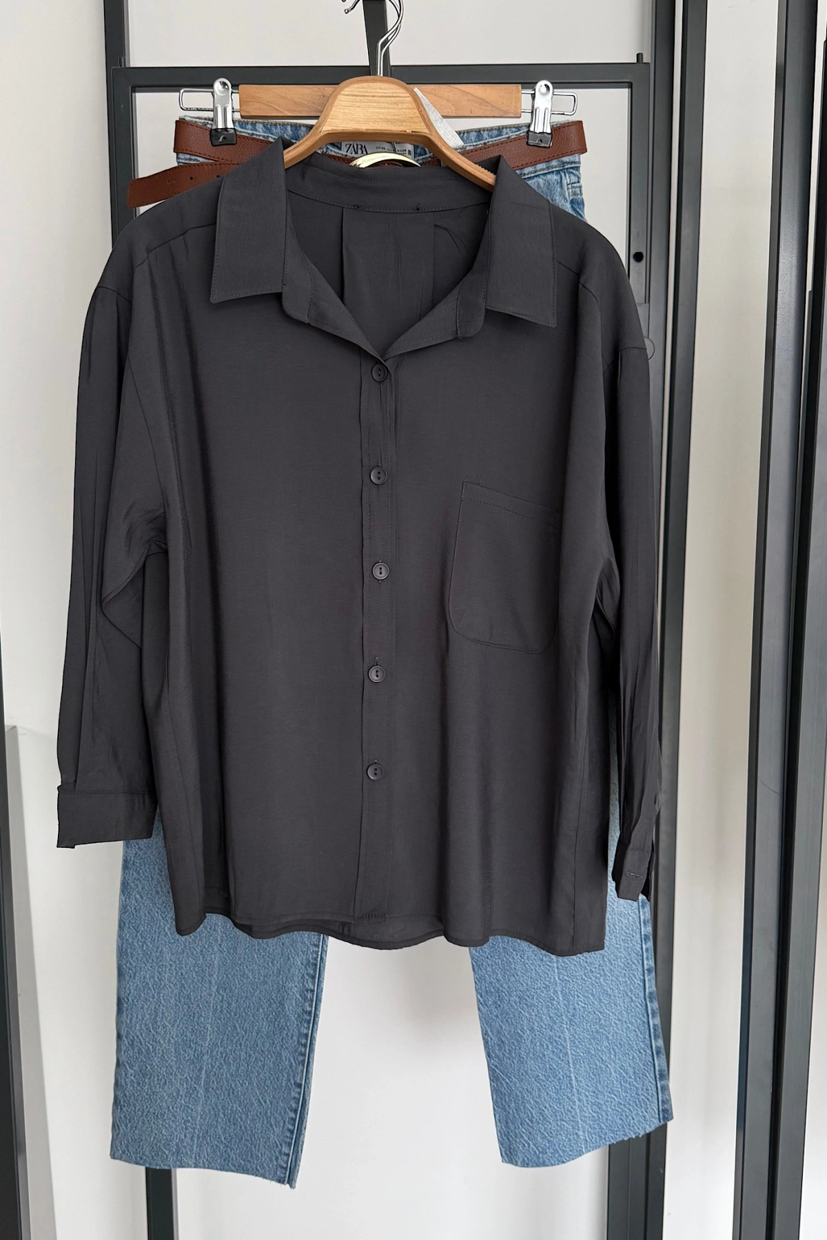 Tek Cep Oversize Gömlek Füme