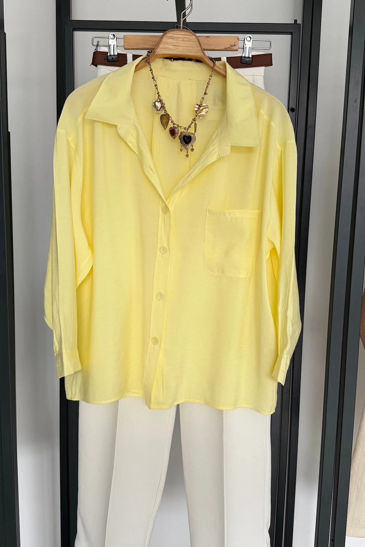 Tek Cep Oversize Gömlek Sarı