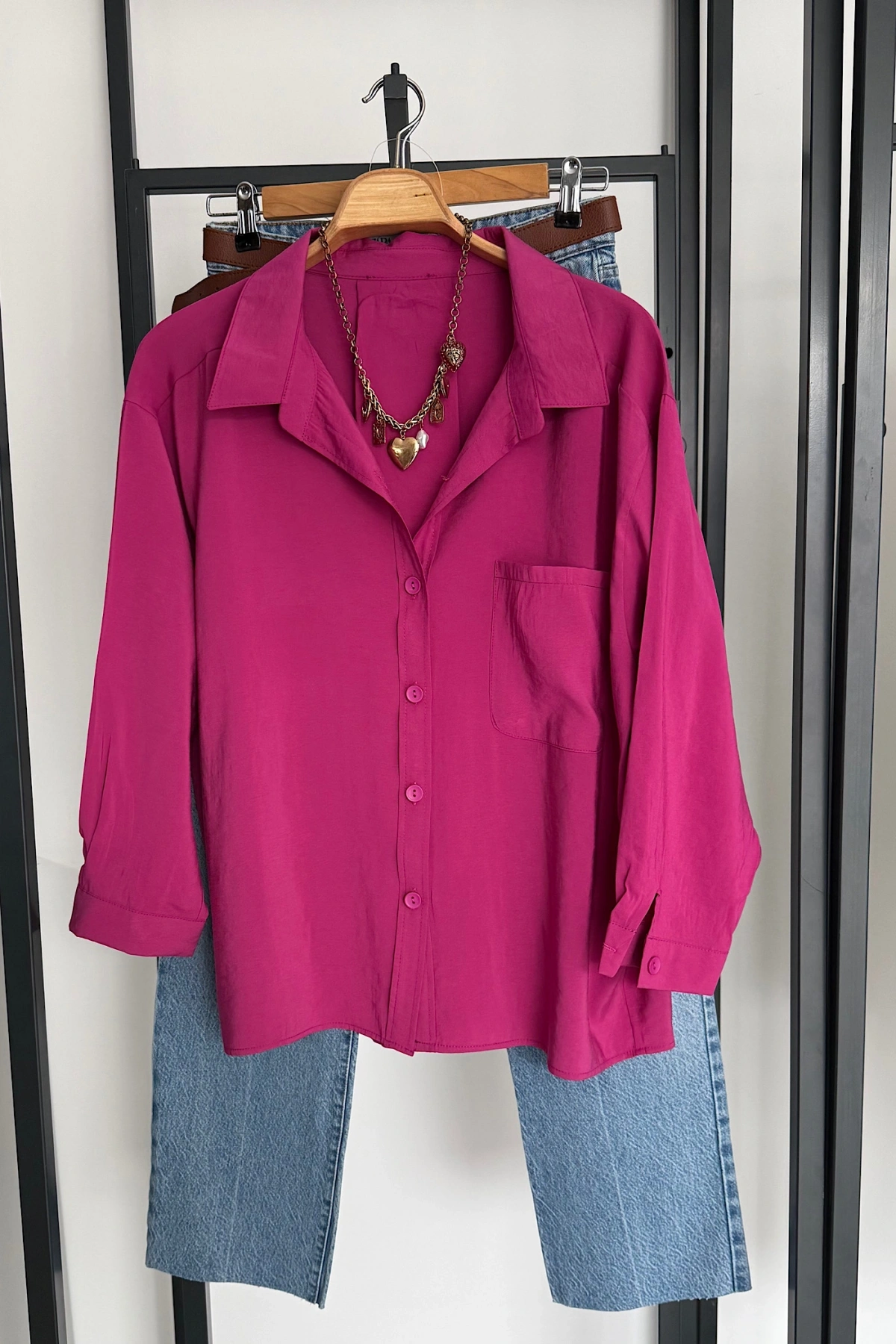 Tek Cep Oversize Gömlek Fuşya
