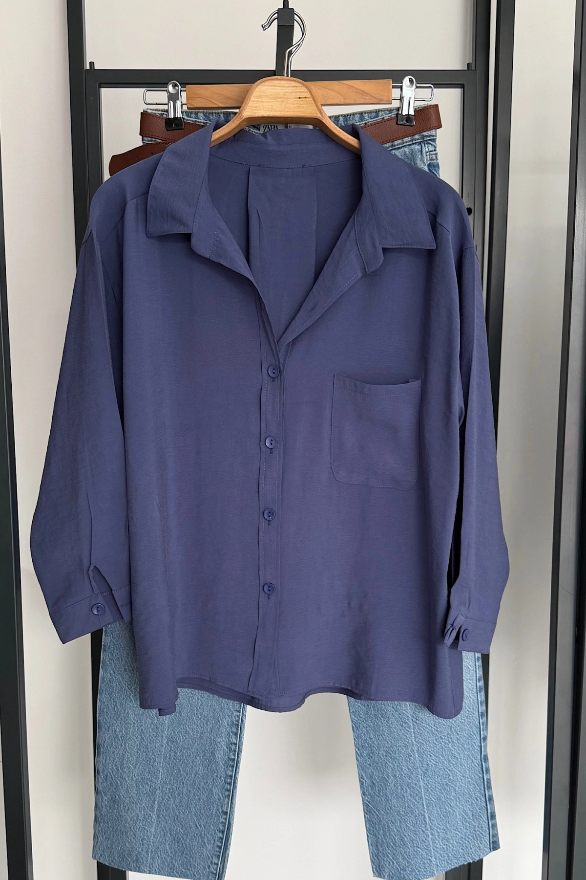 Tek Cep Oversize Gömlek Lacivert