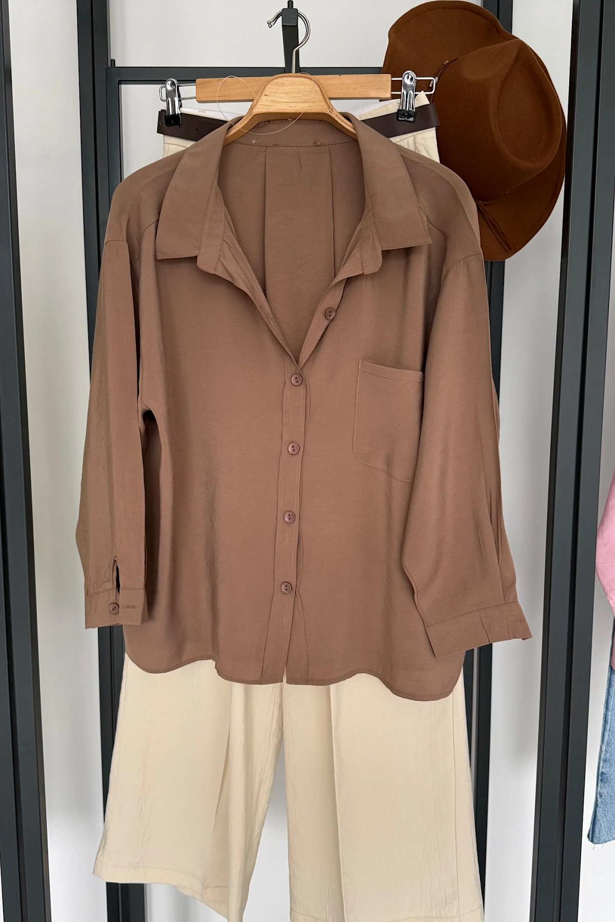 Tek Cep Oversize Gömlek Camel