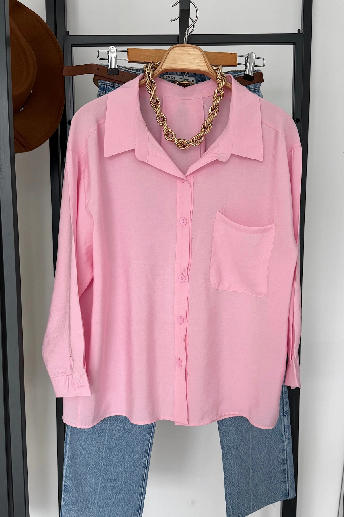 Tek Cep Oversize Gömlek Pembe