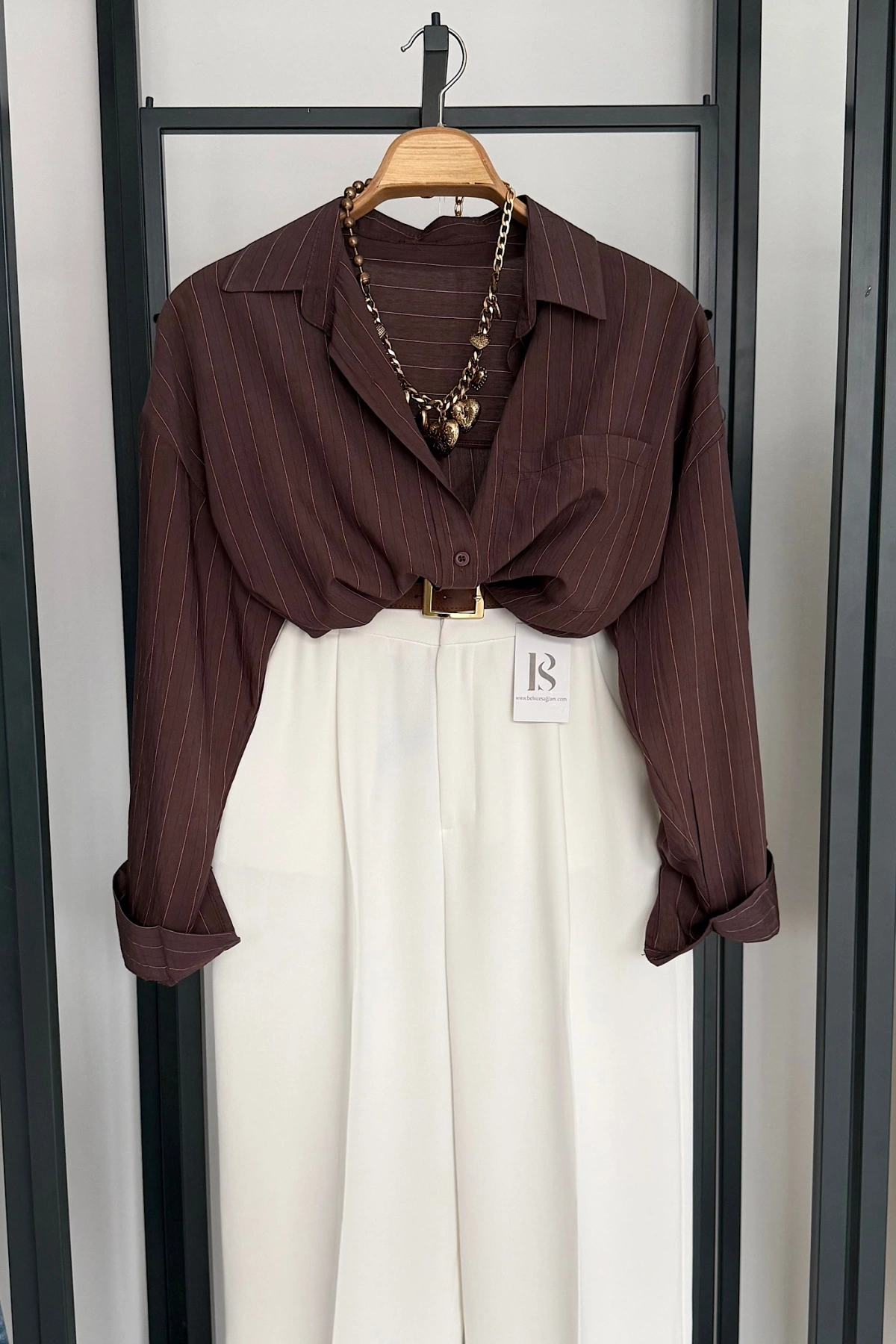 Basic Çizgili Salaş Gömlek Kahverengi