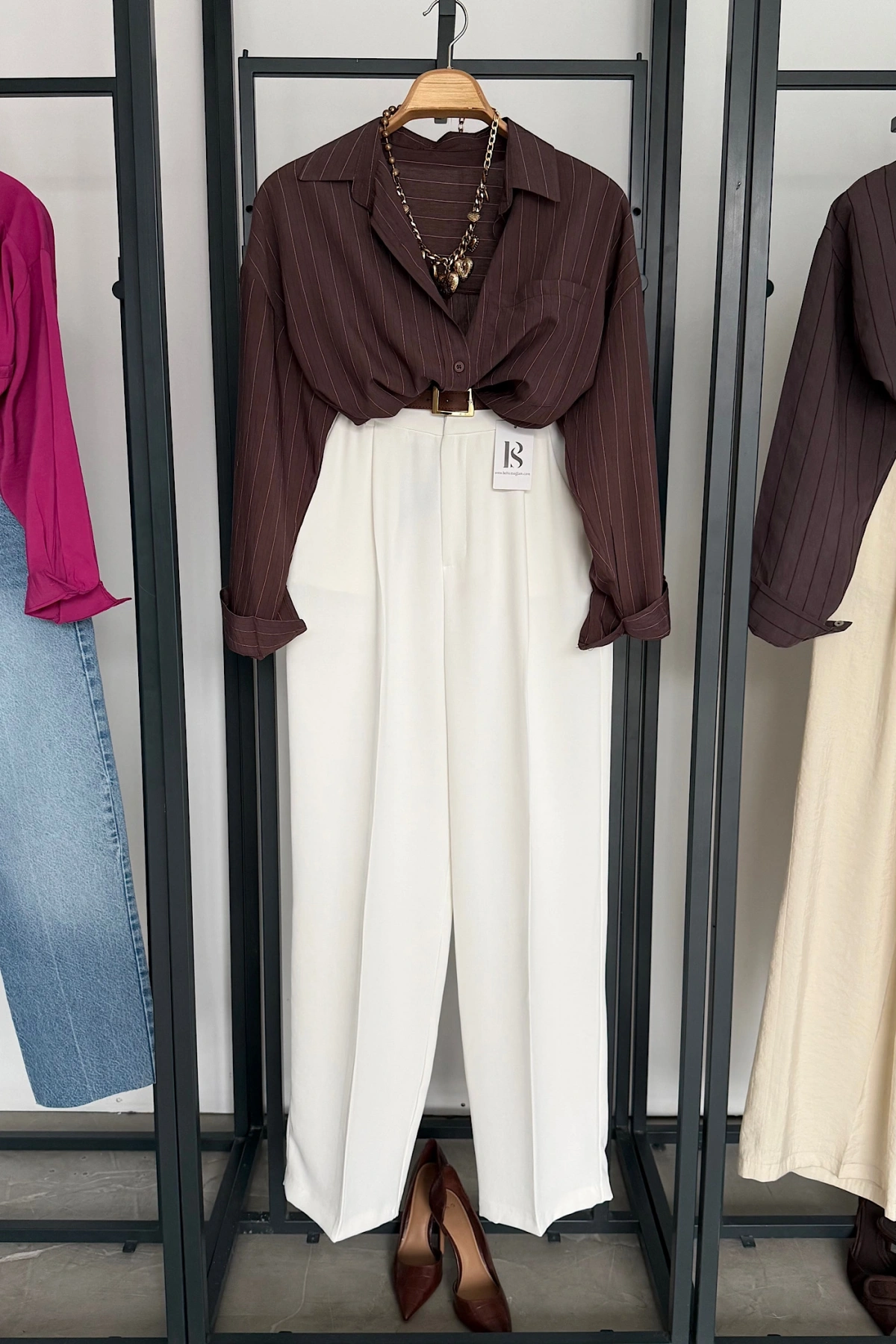 Basic Çizgili Salaş Gömlek Kahverengi