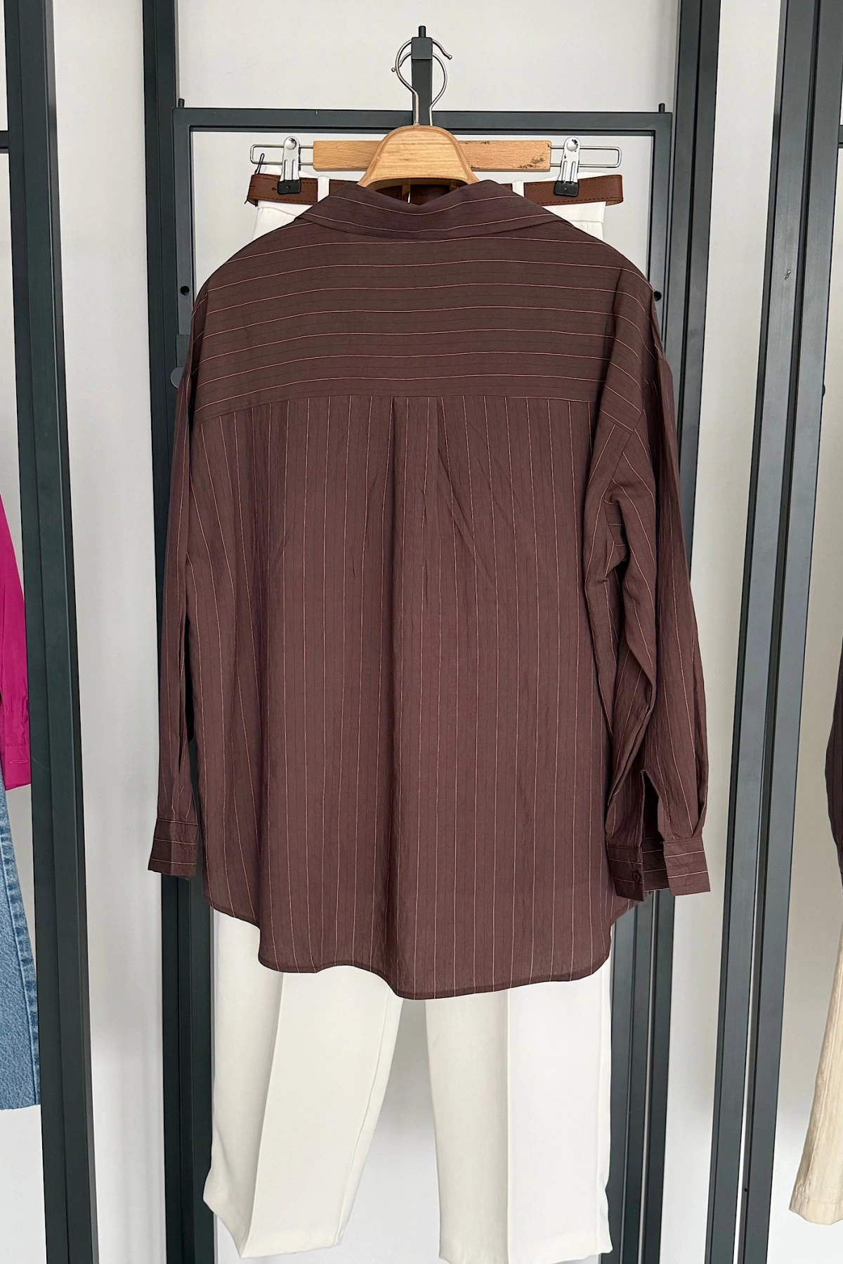 Basic Çizgili Salaş Gömlek Kahverengi