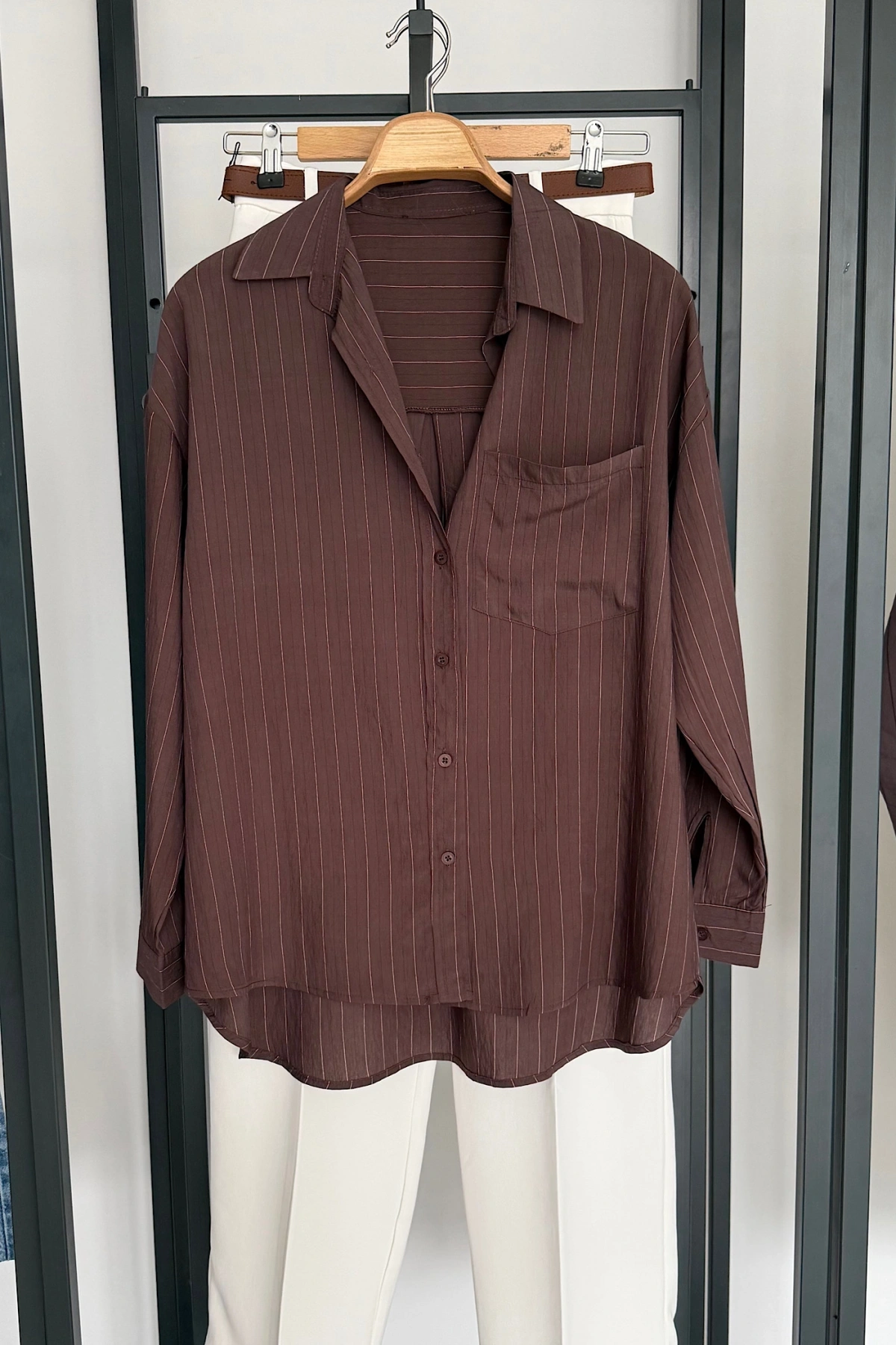 Basic Çizgili Salaş Gömlek Kahverengi