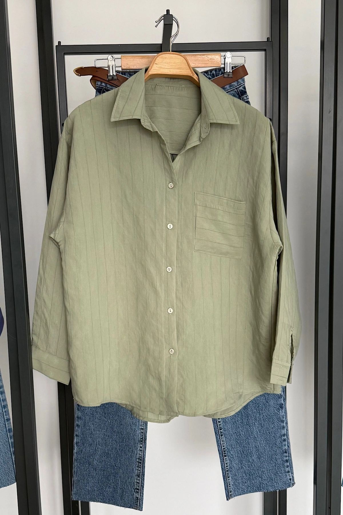 Bs Tek Cepli Dokumalı Gömlek Haki