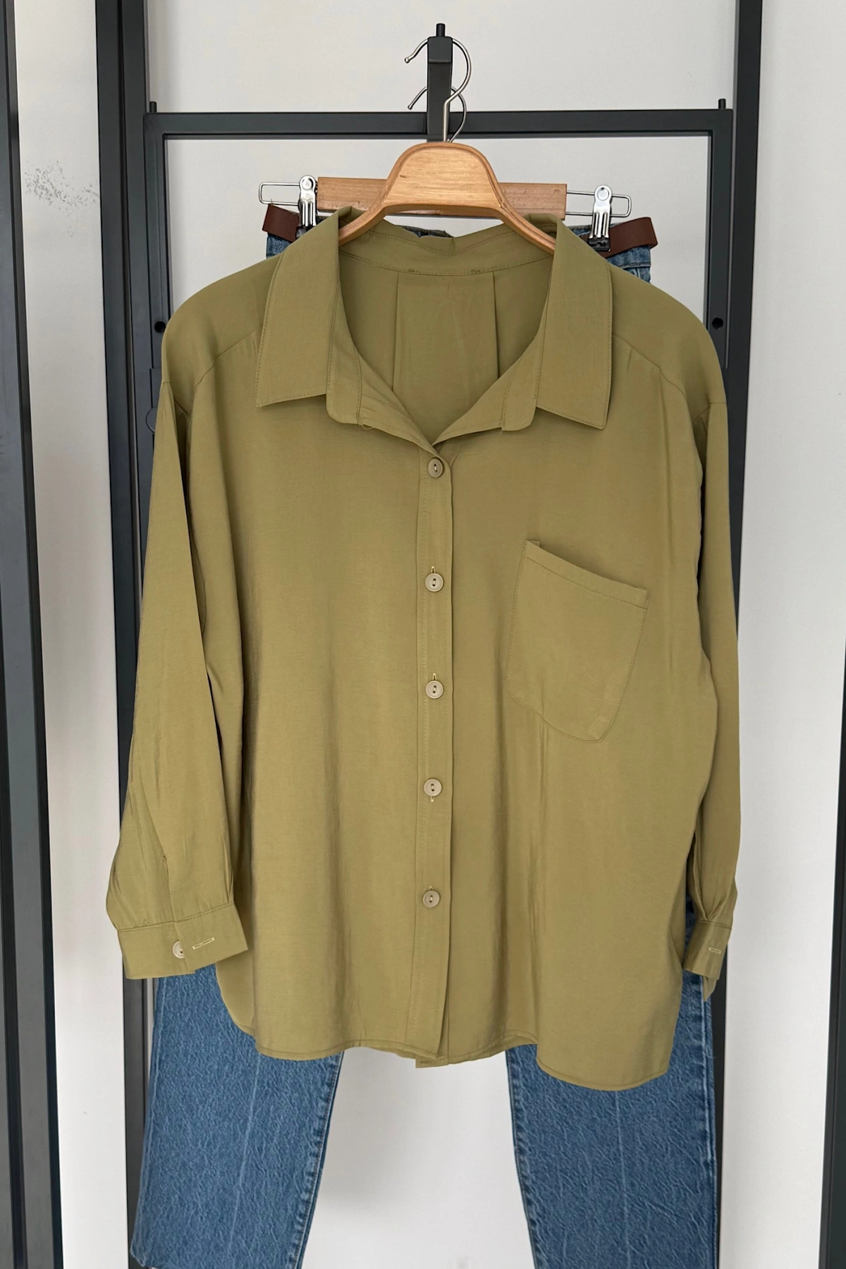 Tek Cep Oversize Gömlek Yağ Yeşili