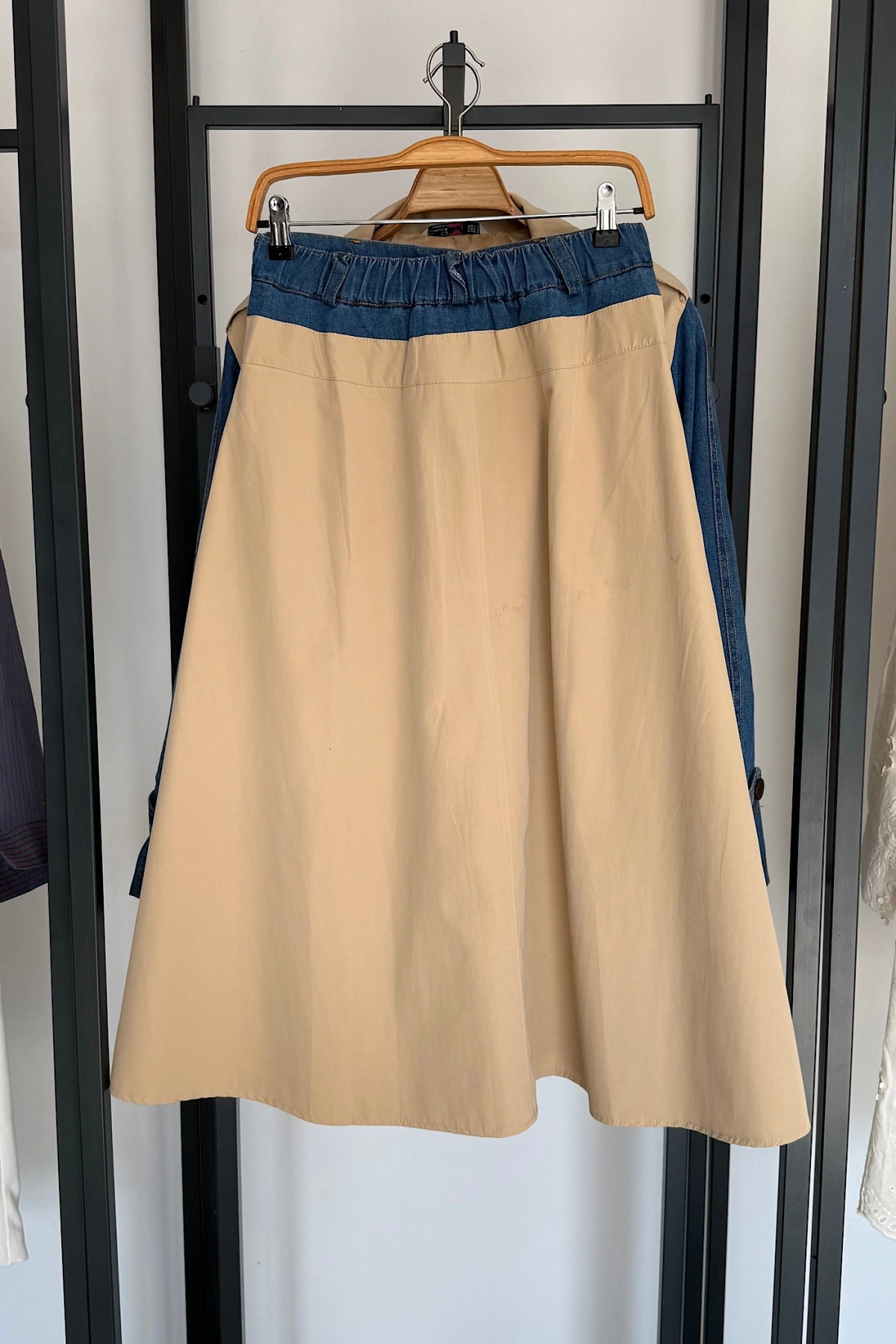 Kot Detaylı Etek Ceket Takım Krem