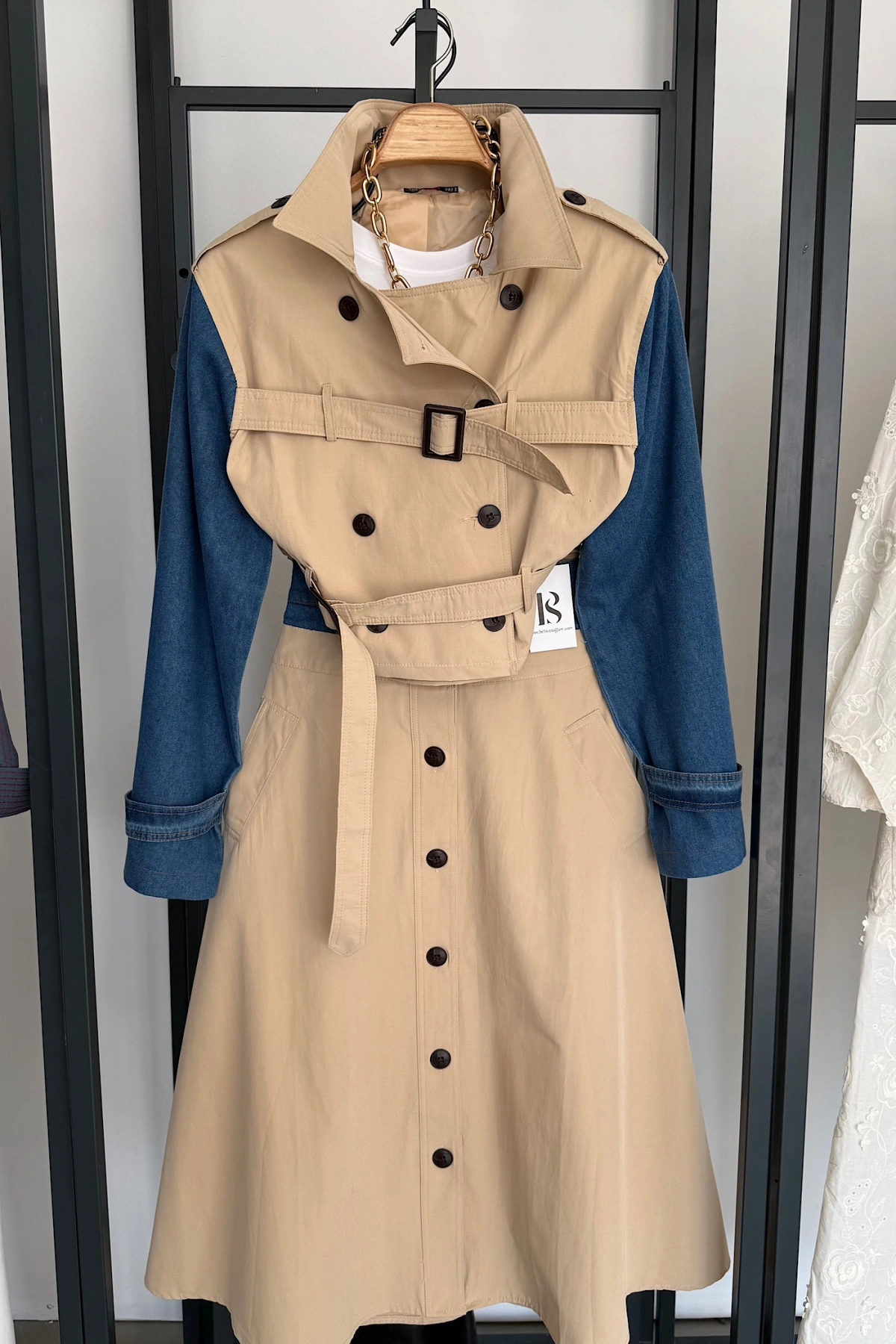 Kot Detaylı Etek Ceket Takım Krem