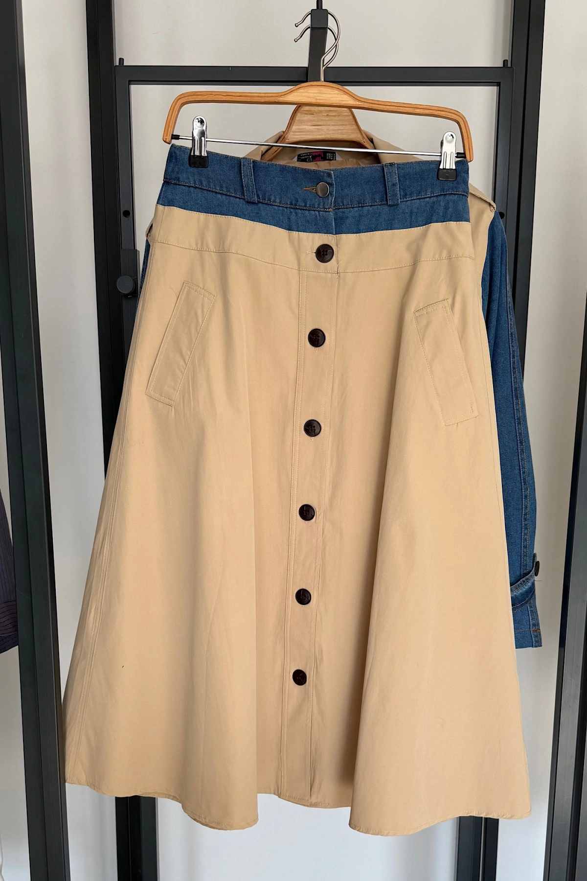 Kot Detaylı Etek Ceket Takım Krem