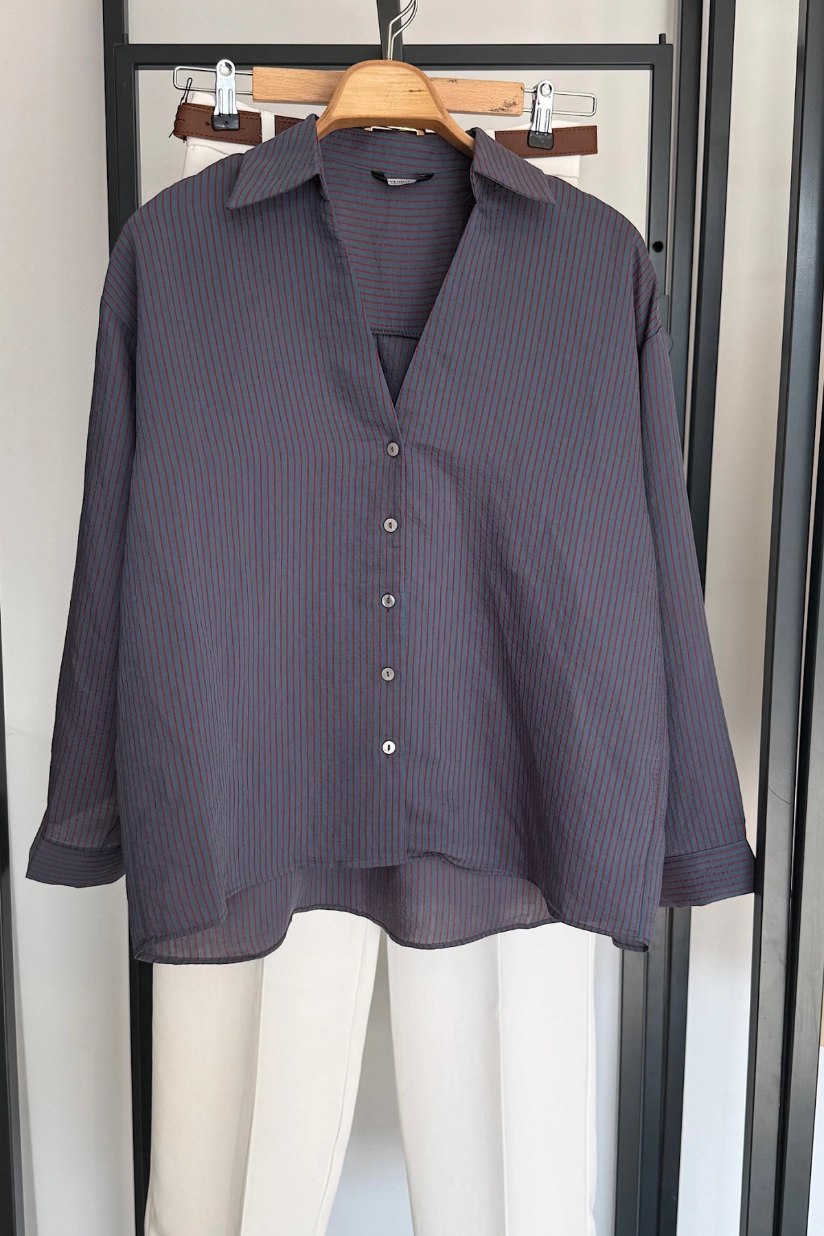 İnce Çizgili Gömlek Mavi-Bordo