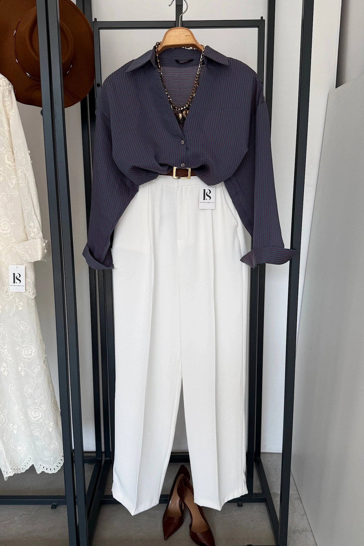 İnce Çizgili Gömlek Mavi-Bordo