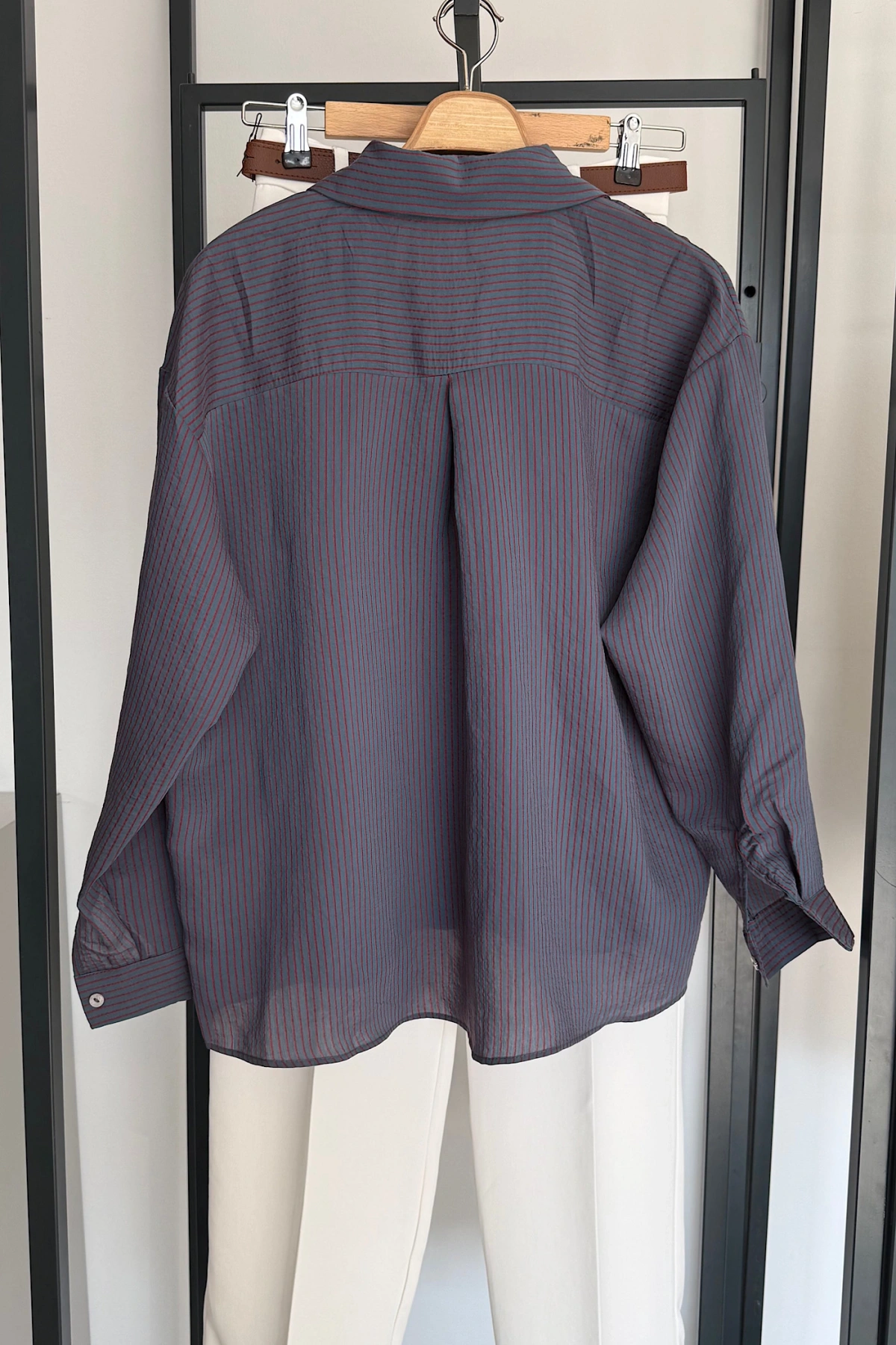 İnce Çizgili Gömlek Mavi-Bordo