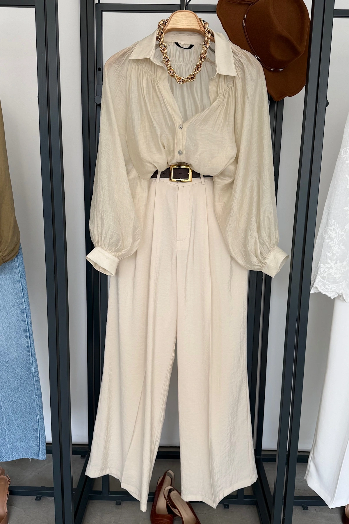 Balon Kol Dökümlü Gömlek Taş