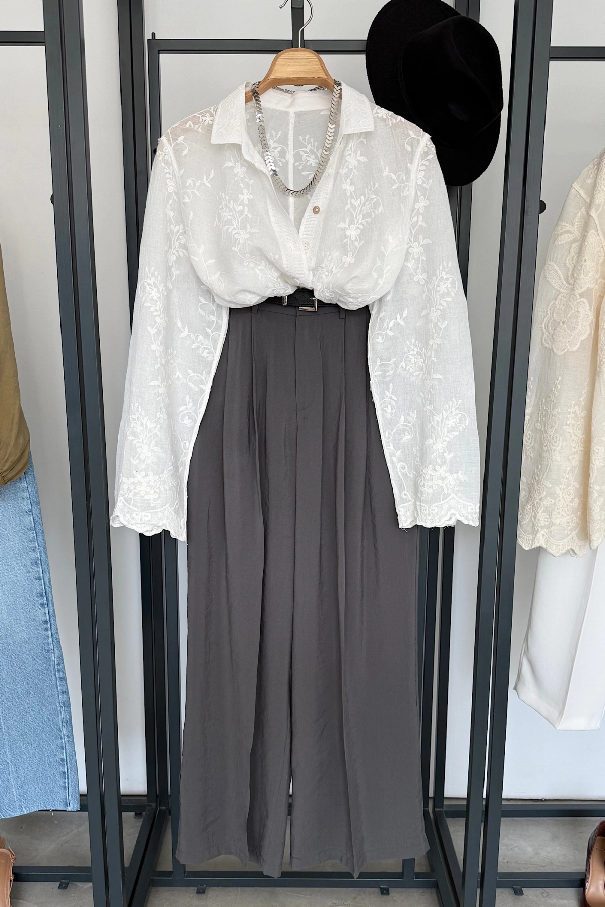 Bs Pile Detaylı Modal Pantolon Gri